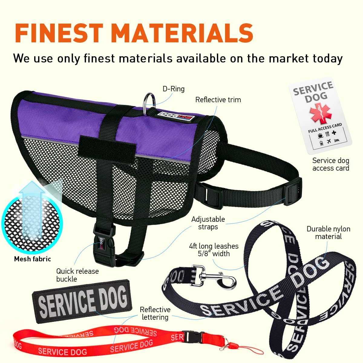 Dogline Service Dog Vest Harness Bundle Official Red Service Dog Reflective Leash & Patches Service Dog In Training Set Service Dog Ada Ids For Travel Support Therapy Purple
