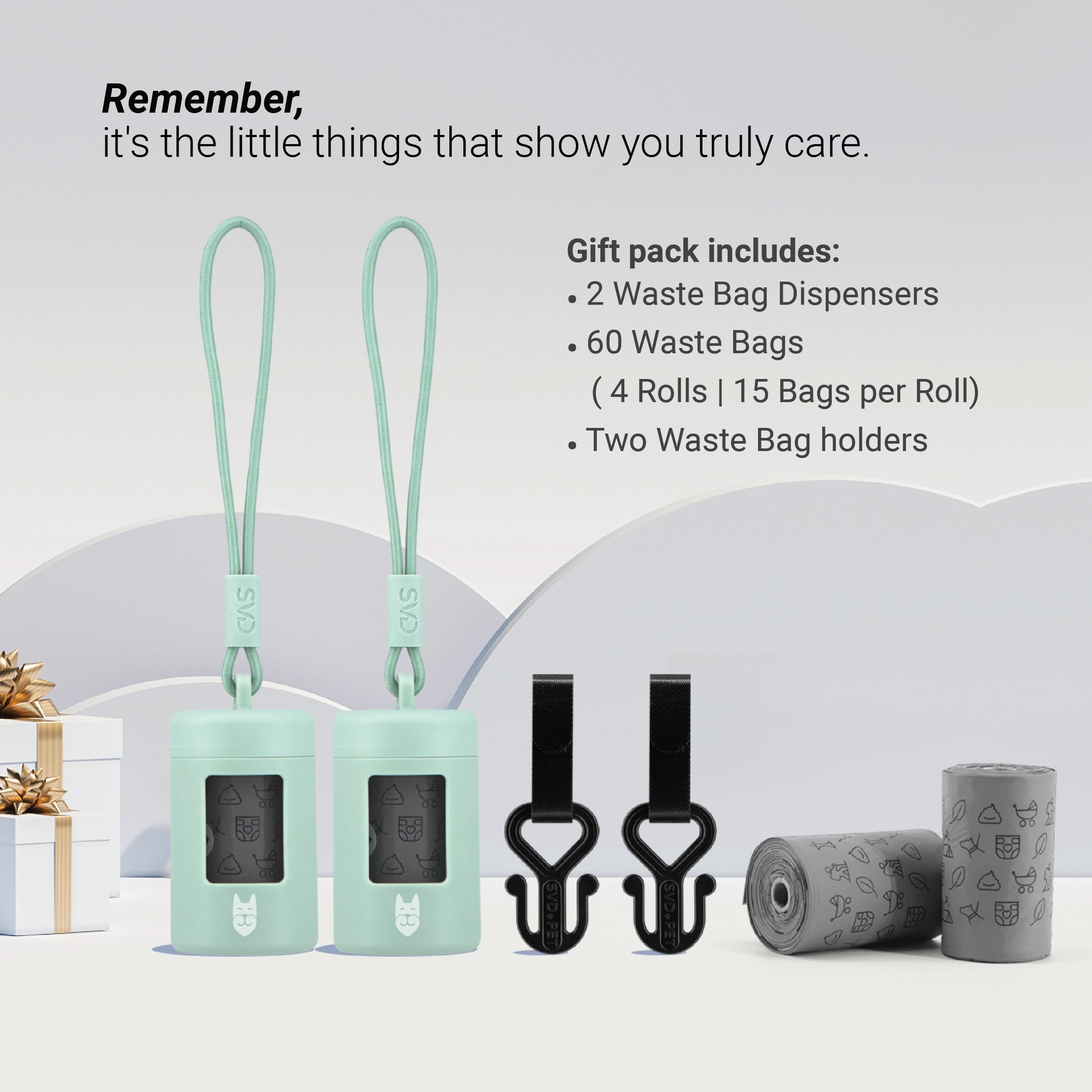 Svd.Pet 2-Pack Retractable Waste Bag Dispensers With 60 Large Waste Bags And 2 Waste Bag Holders, Dog Walking Accessory, Green T