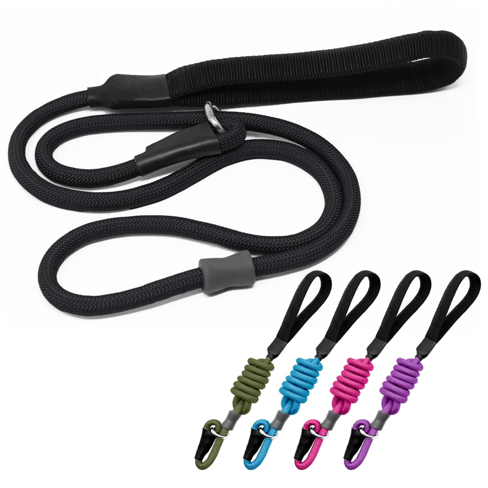 Strong Slip Rope Dog Training Leash (4Ft) 5Pc - Heavy Duty Durable Braided Nylon Lead With Rubber Stopper & Padded Handle - No P