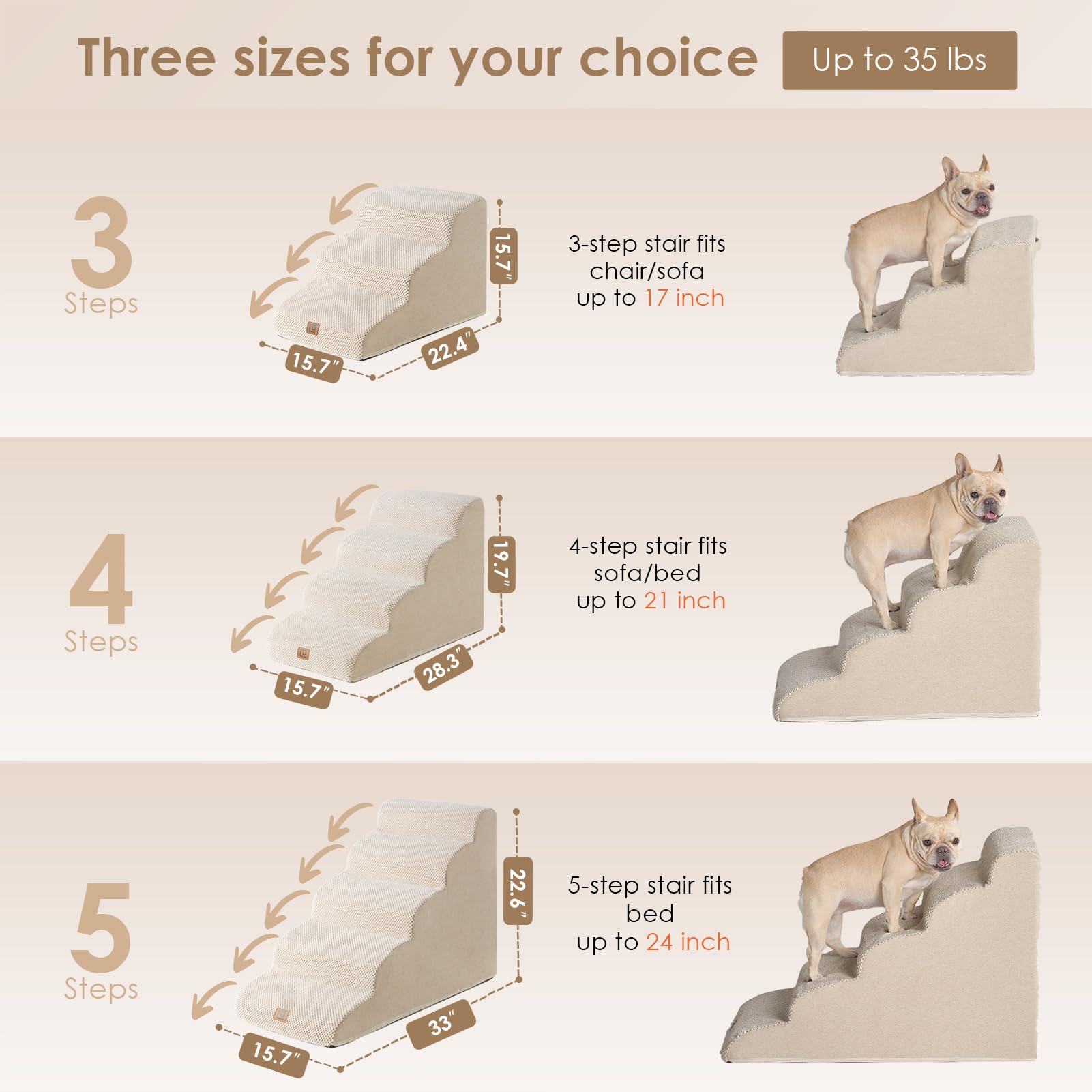 Eheyciga Curved Dog Stairs Ramp For High Beds 22.6' H, 5-Step Dog Steps For Small Dogs And Cats, Pet Stairs For High Bed Climbing, Non-Slip Balanced Pet Step Indoor, Beige