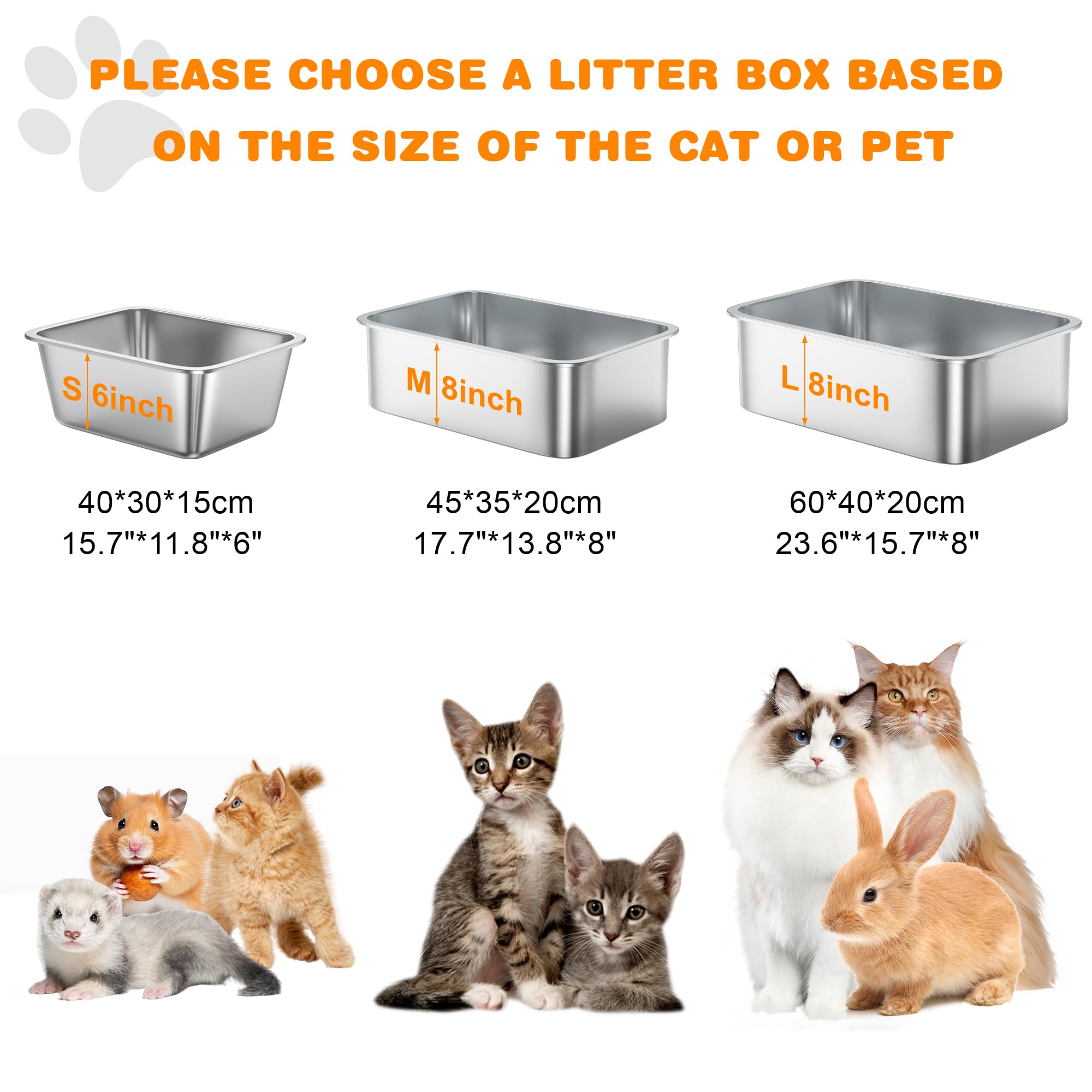 Nisrada 8'' Deep Litter Box, Stainless Steel, Silver, 23.6'' X 15.7'' X 8'', Cat, Easy To Clean, Non-Stick, Suitable For Indoor