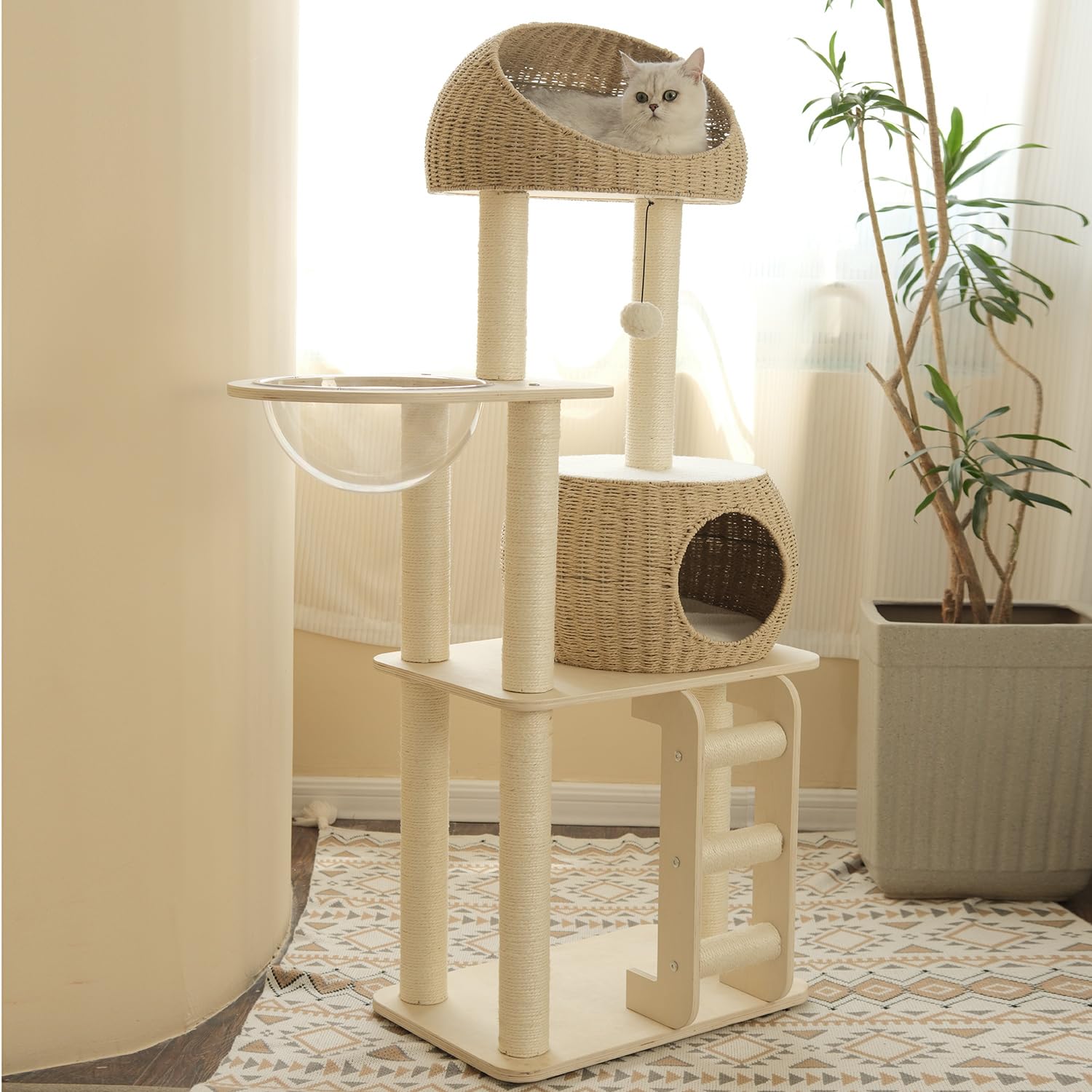 Pawlabay Rattan Cat Tree For Indoor Cats,Tall Cat Tree Tower With Cat Scratching Post,Wood Cat Tower For Indoor Cats,57.5 Inch T