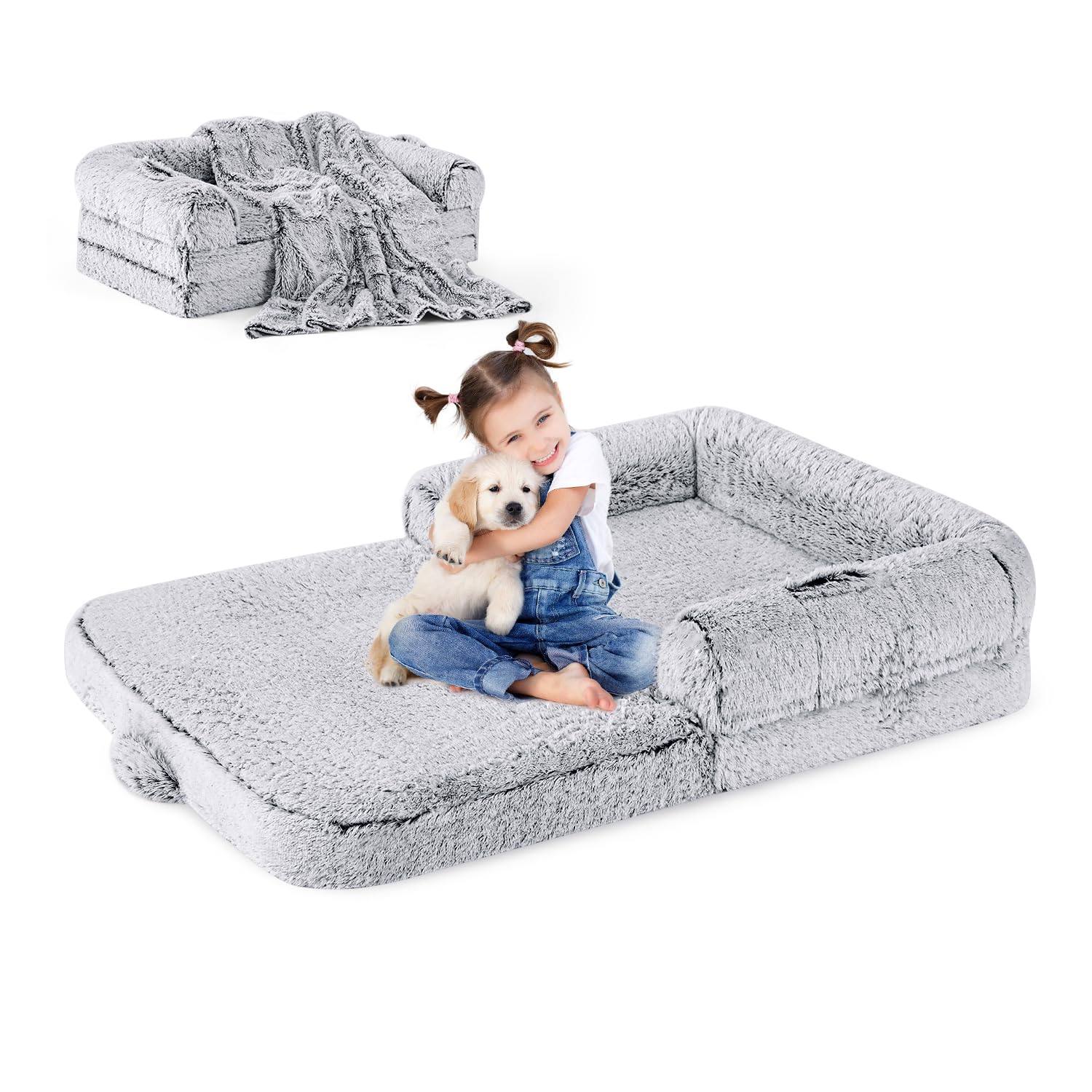 Zomisia Human Dog Bed For Kids, 2 In 1 Foldable Xl Bed For People Fits Pet Families, Orthopedic Calming Memory Foam Dog Sofa, Fa