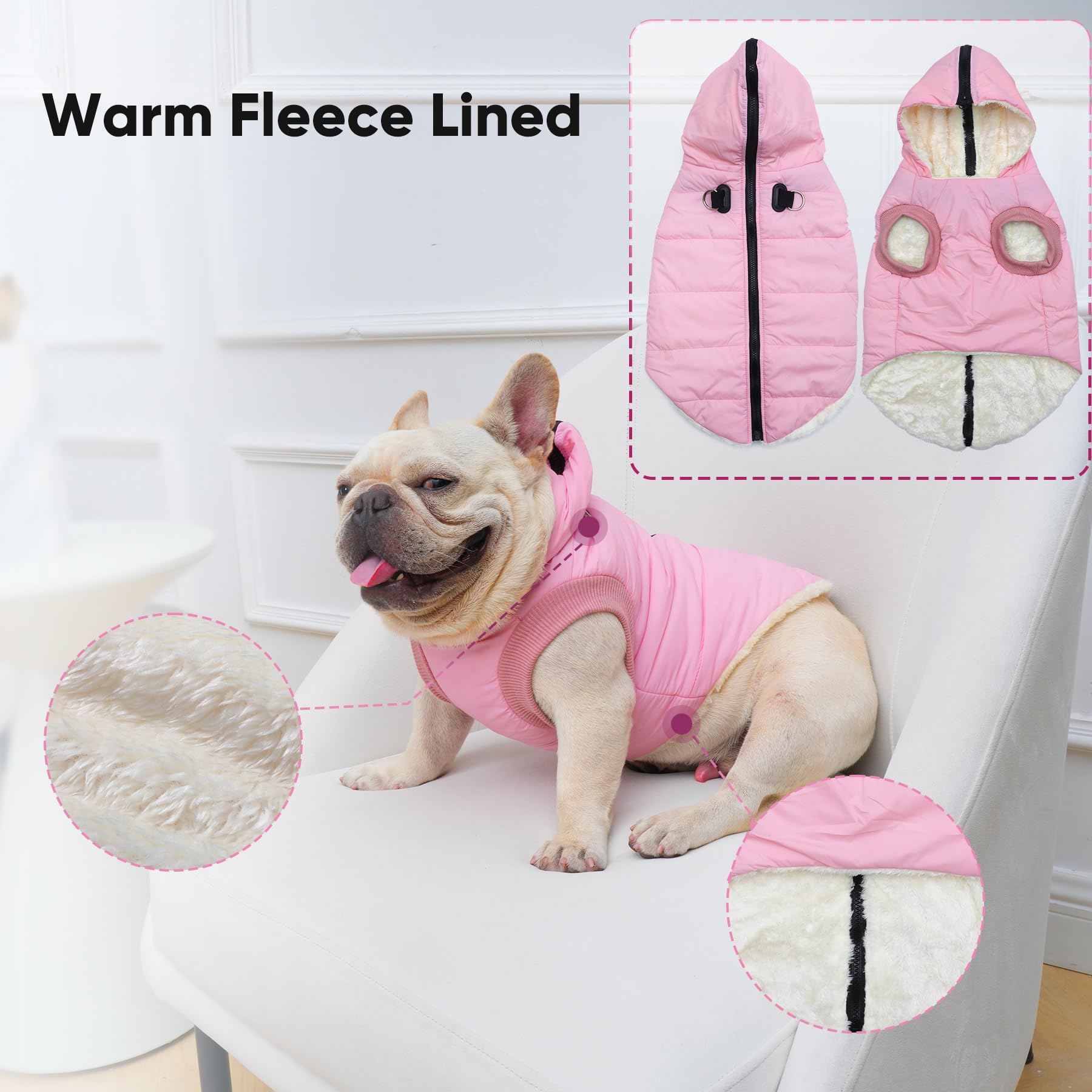 Vecomfy Fleece Lining Dog Hoodie With Harness Built In,Extra Warm Large Dog Jacket In Winter Doggie Coats With Hooded,Light Pink Xxl