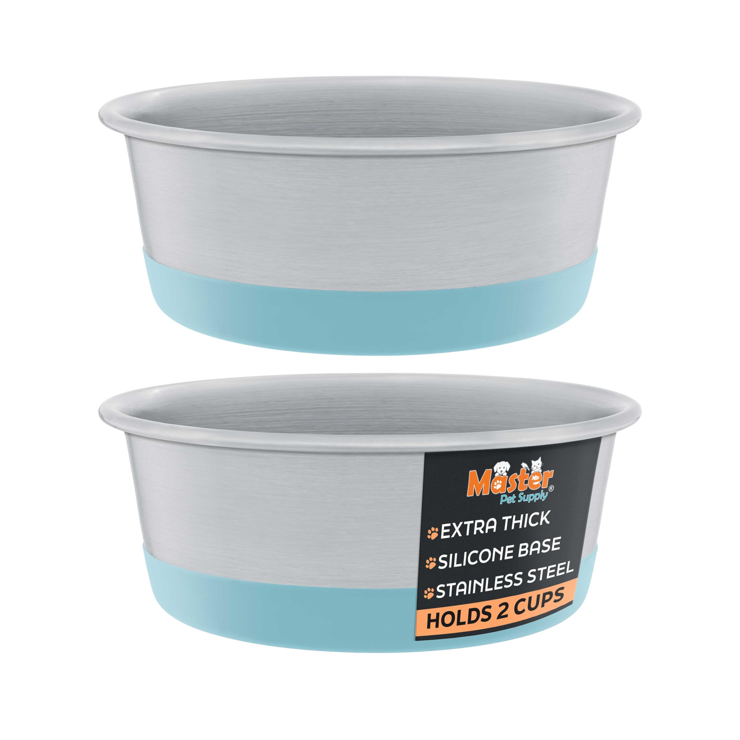 Master Pet Supply Stainless Steel Dog Bowls Set of 2 with Extra Thick Silicone Base - 2 Cup (16 oz) Aqua Sky, Non-Slip, Dishwash