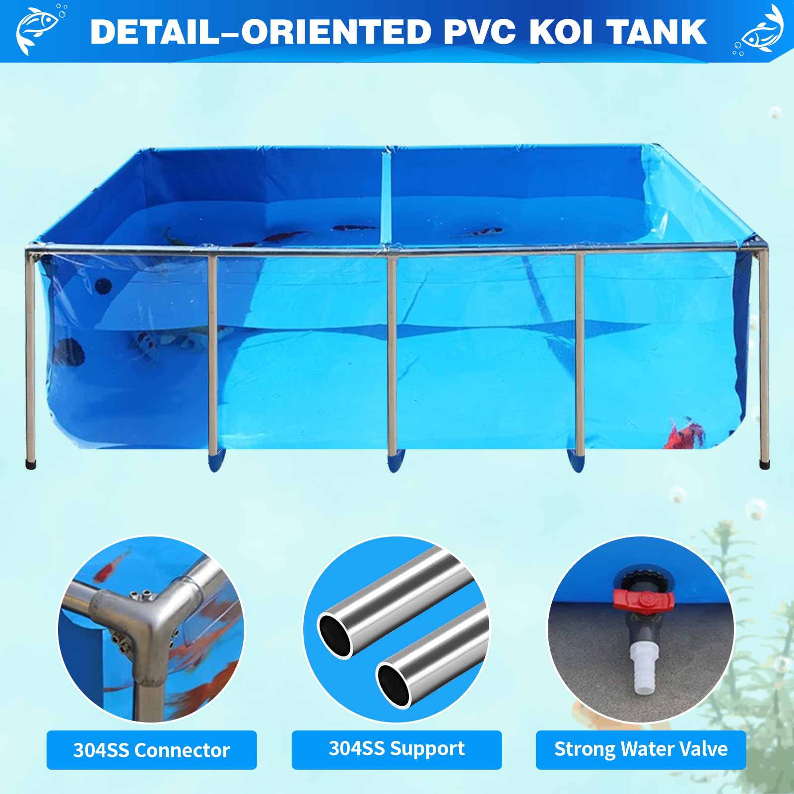 Pvc Koi Aquarium Tank, Temporary Fish Tank With Clear Viewing Panel, Koi/Goldfish Pond With 304Ss Frame & Drain Valve(70.9'' L*3