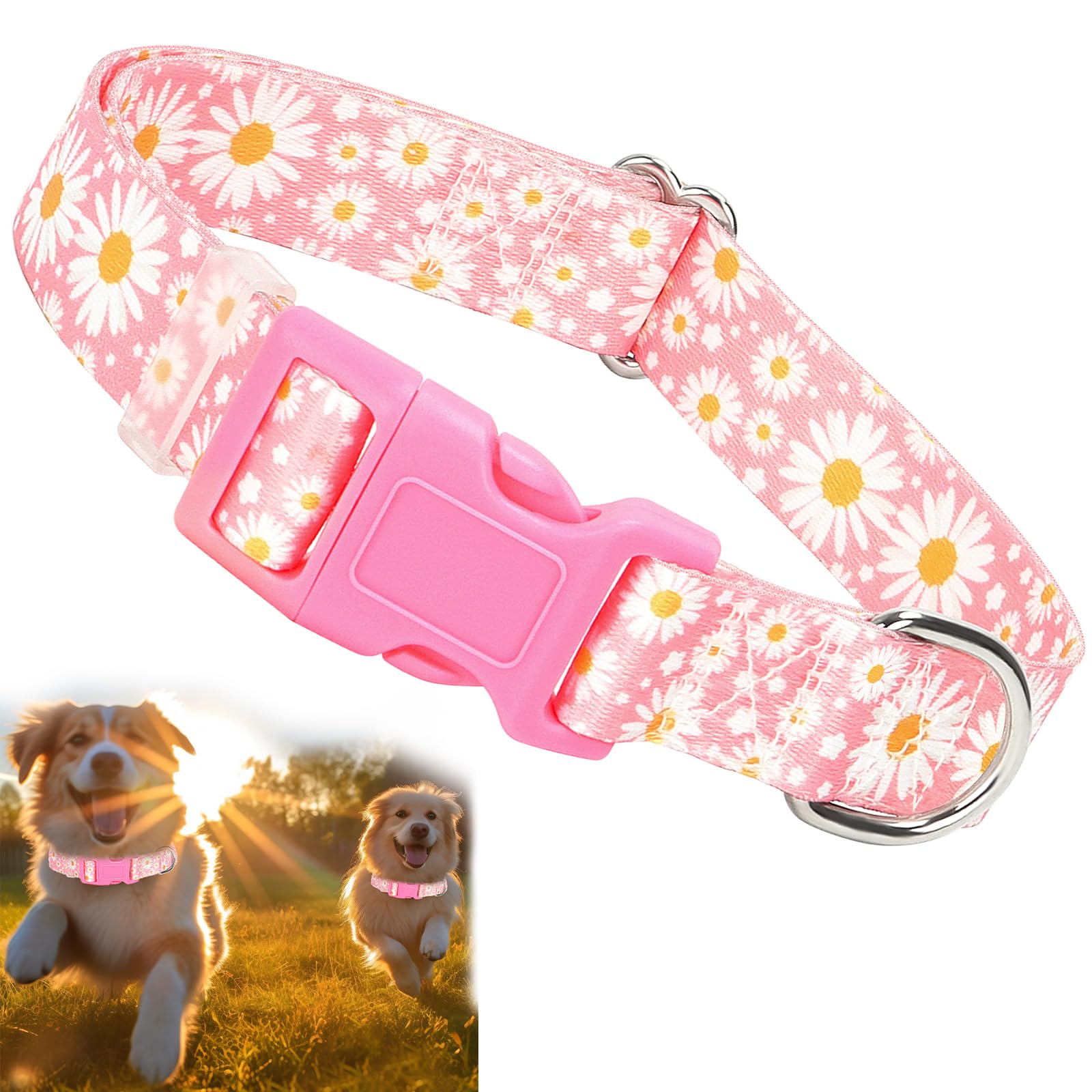 Girl Dog Collars For Medium Dogs,Female Dog Collars With Pink Daisy Flowers, Adjustable Comfy Soft Pet Collar With Safety Buckle