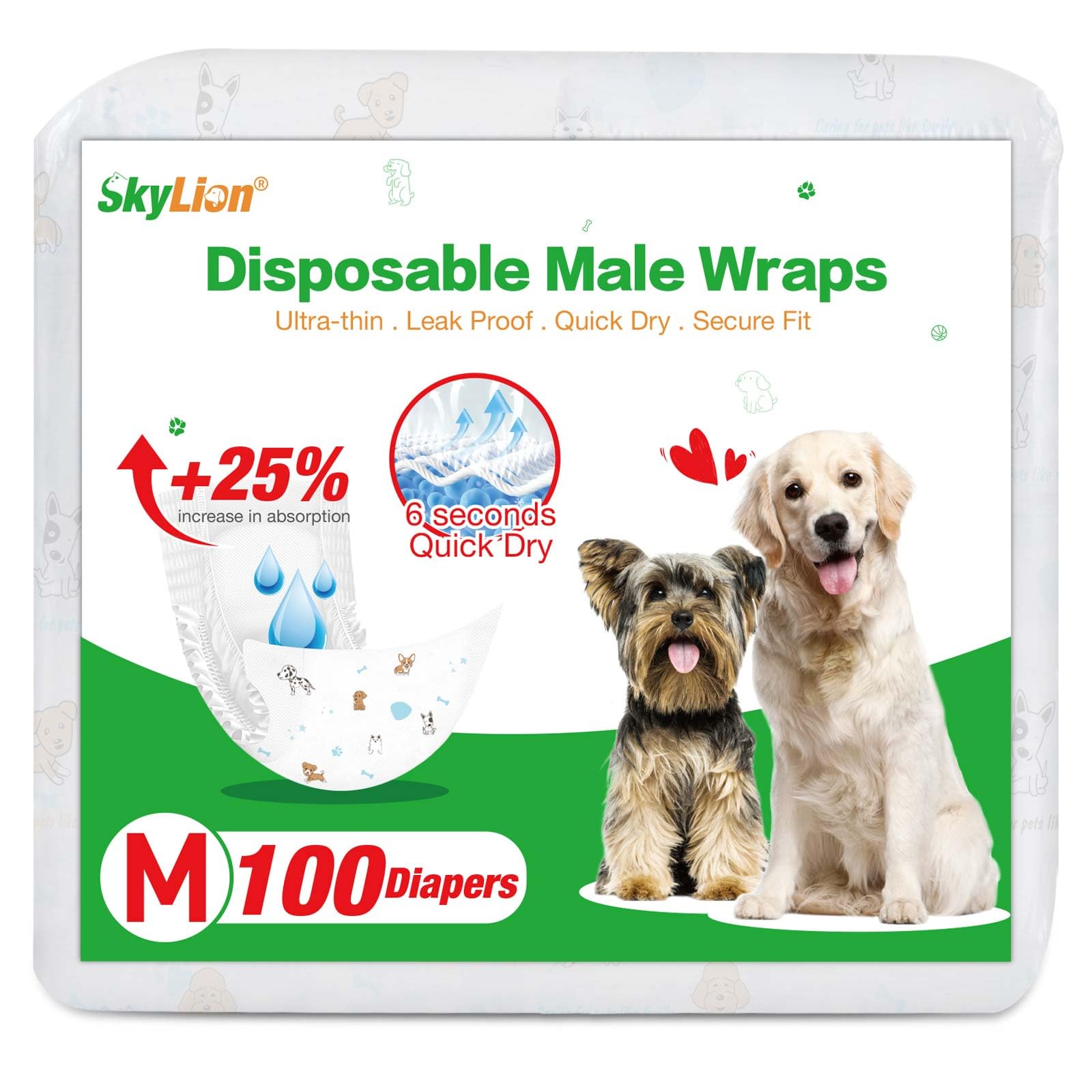 Dog Diapers Male Disposable Super Absorbent, 100 Count, Male Dog Wraps Leak Proof, Ultra Dry & Breathable, Medium