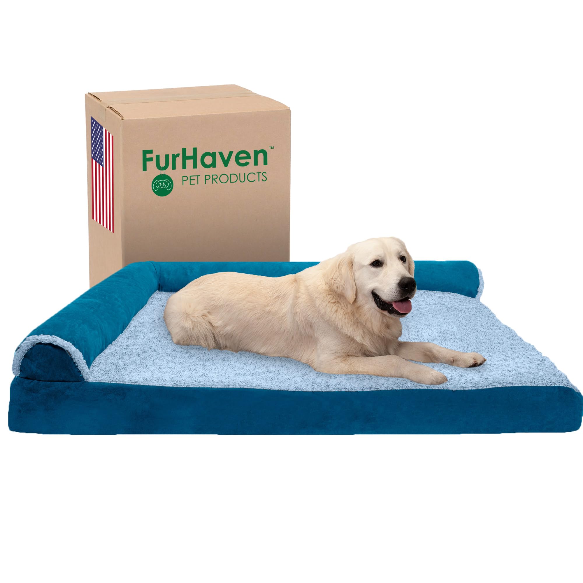Furhaven Supportive Memory Foam L Chaise Dog Bed With Washable & Removable Cover - Two-Tone Plush Faux Fur & Suede - Marine Blue