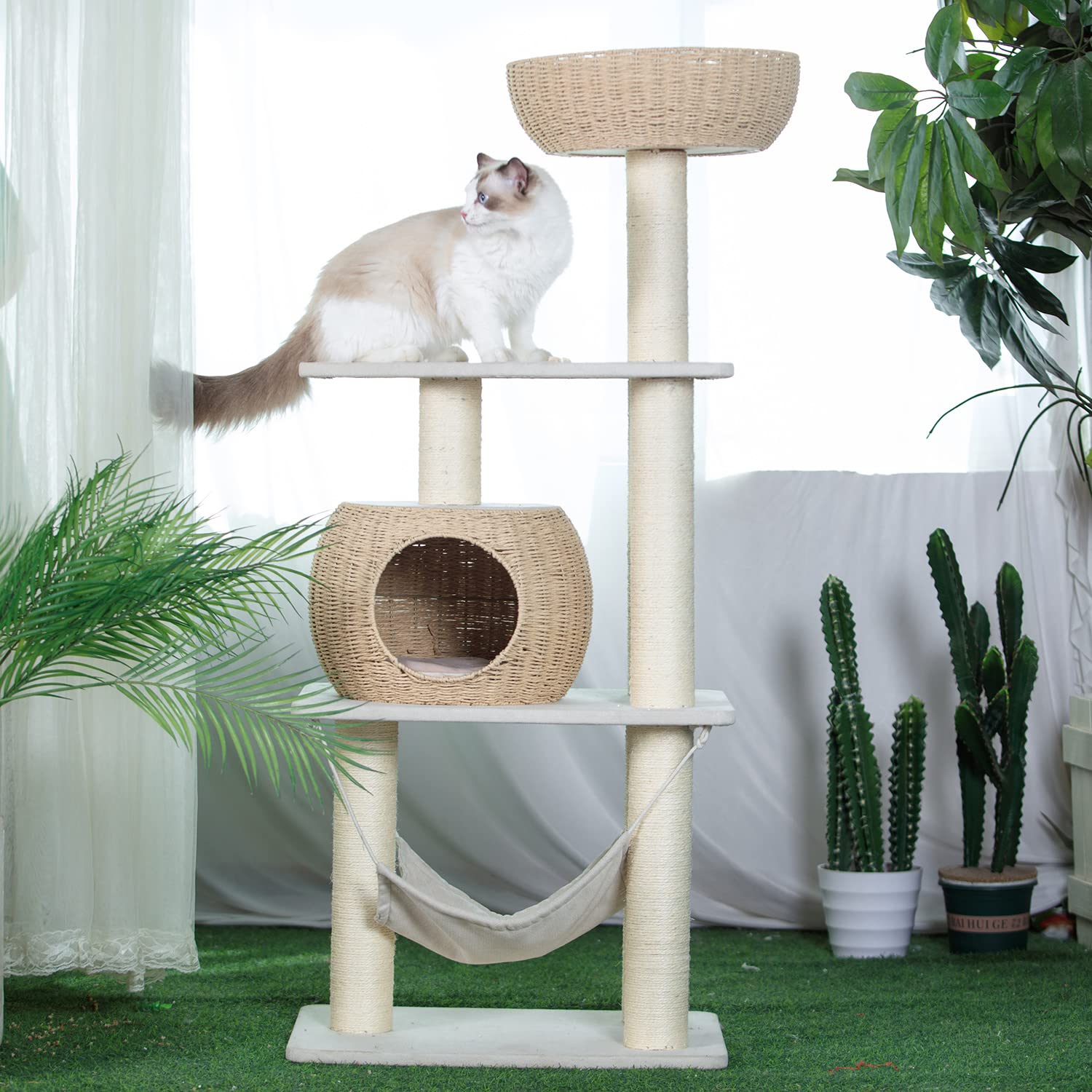 PawlaBay Wood Cat Tree for Indoor Cats, 52.4" Tall, Beige & Rattan, with Scratching Post & Hammock, Model MK220076