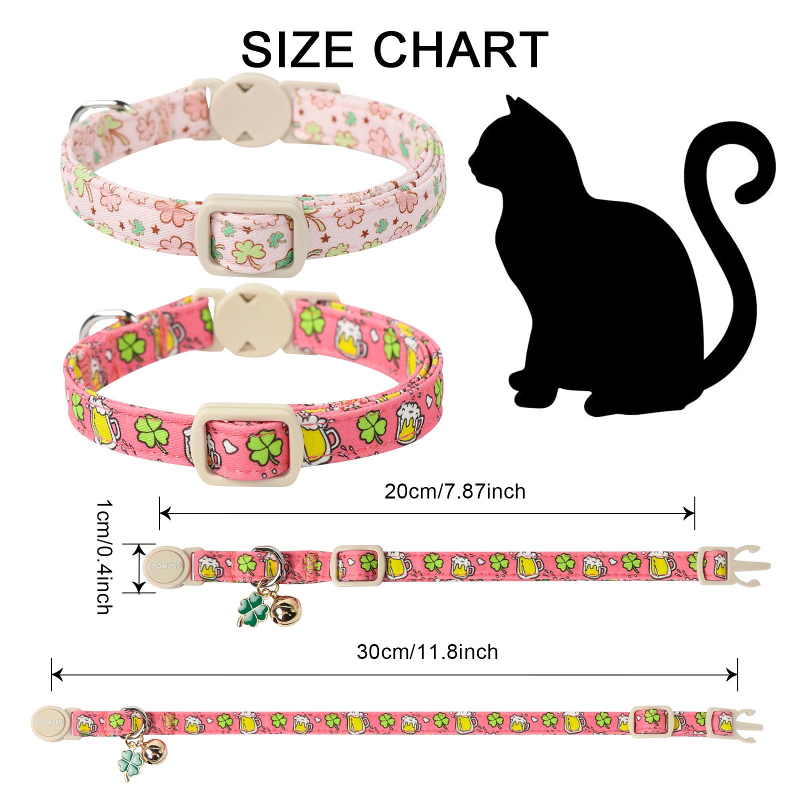 Dogwong Cat Collar 2 Pack Breakaway With Bell - Safety Buckle St. Patrick'S Day Green Trefoil For Girl Boy Cats, Adjustable 7-12