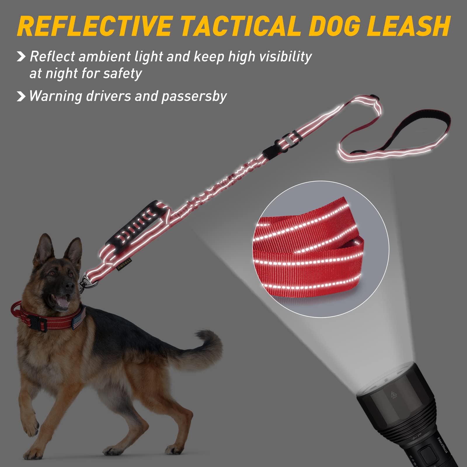 Aubell Dog Leash, Reflective Dog Leash Heavy Duty Dog Leash With Car Seat Belt And Padded Handle, Tactical Dog Leashes For Walking,Training Lead For Large Medium Dogs, 6Ft Strong Bungee Dog Leash, Red