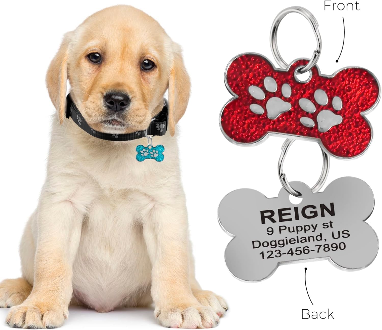 Personalized Paw Pet Id Tag For Collar Or Key Chain - Bone-Shaped-Small: Light Gold