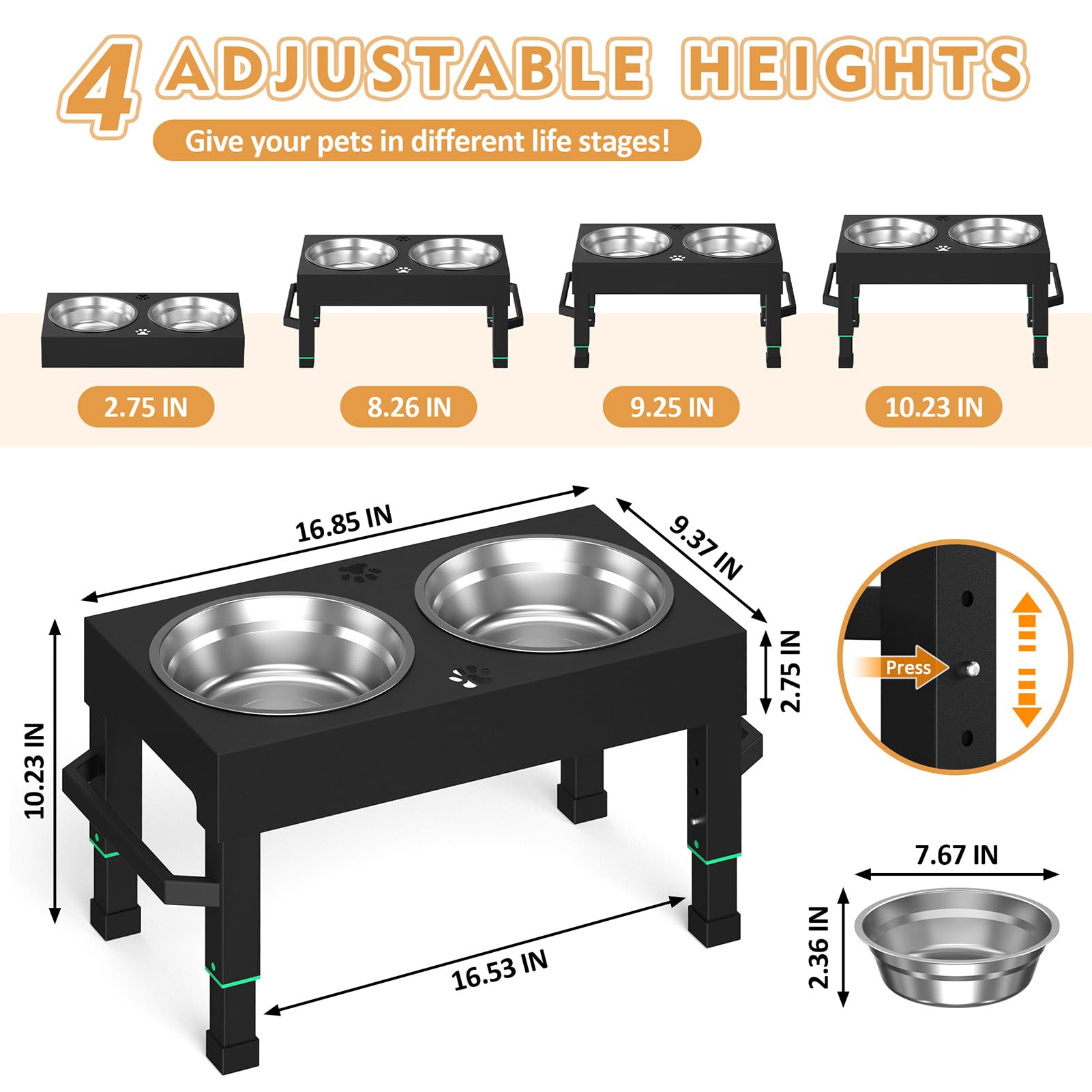 Metal Elevated Dog Bowls, Elevated Dog Bowls Large Breed, Height Adjustable Raised Dog Bowl, Dog Bowl Stand With 2 Stainless Ste