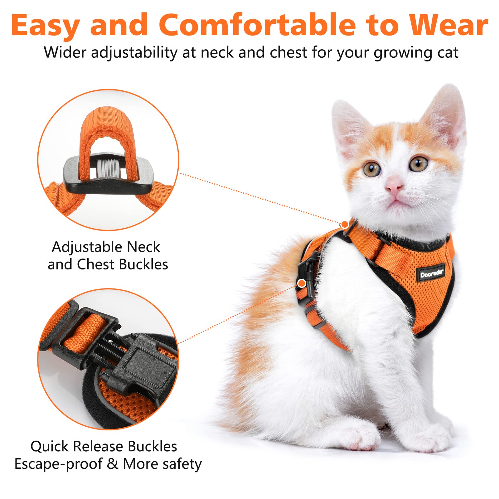 Dooradar Cat Harness And Leash Set, Escape Proof Safe Adjustable Kitten Vest Harnesses For Walking, Easy Control Soft Breathable Mesh Jacket With Reflective Strips For Cats, Orange, Xs