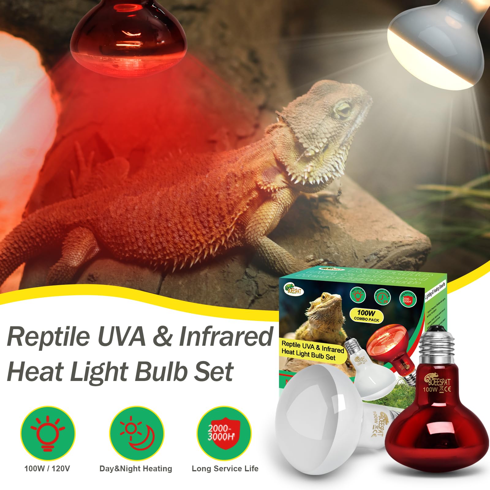 BOEESPAT 100W Daylight Basking Light Bulb & Infrared Heat Lamp Bulb for Amphibians Reptiles Bearded Dragon, Turtle, Lizard, Snak