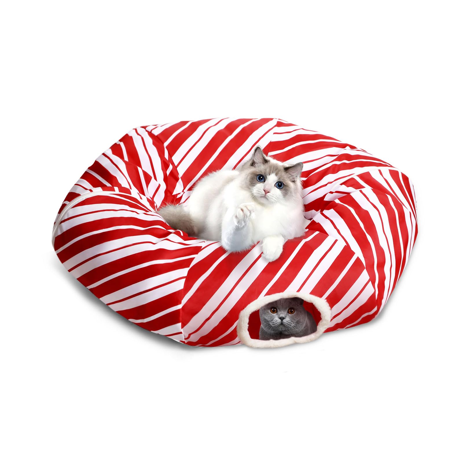 Cat Tunnel Bed Peekaboo Cat Cave Donut Under Christmas Tree Candy Cane Design Festive Decor Perfect For Small Medium Large Cats,