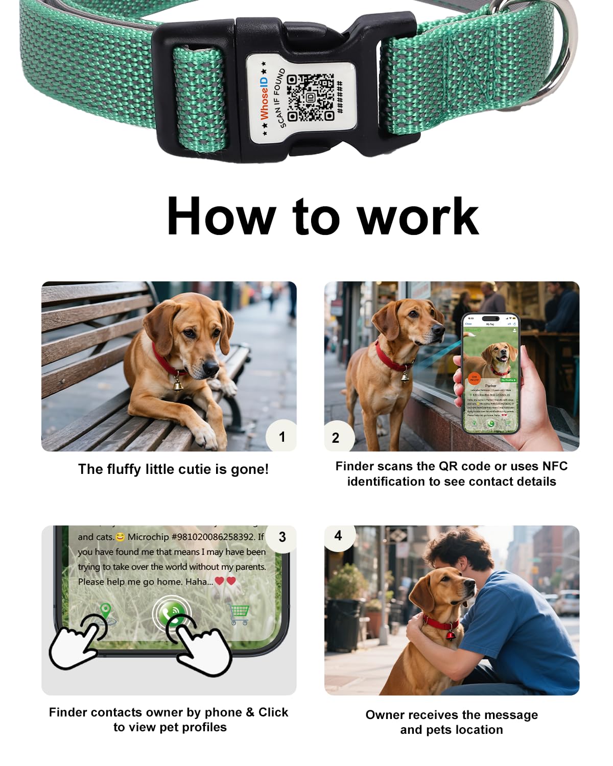 Whoseid Reflective Dog Collar With Airtag Holder,Adjustable Dog Collar With Neoprene Padded & Anti-Lost Qr Code Buckle (Green, M