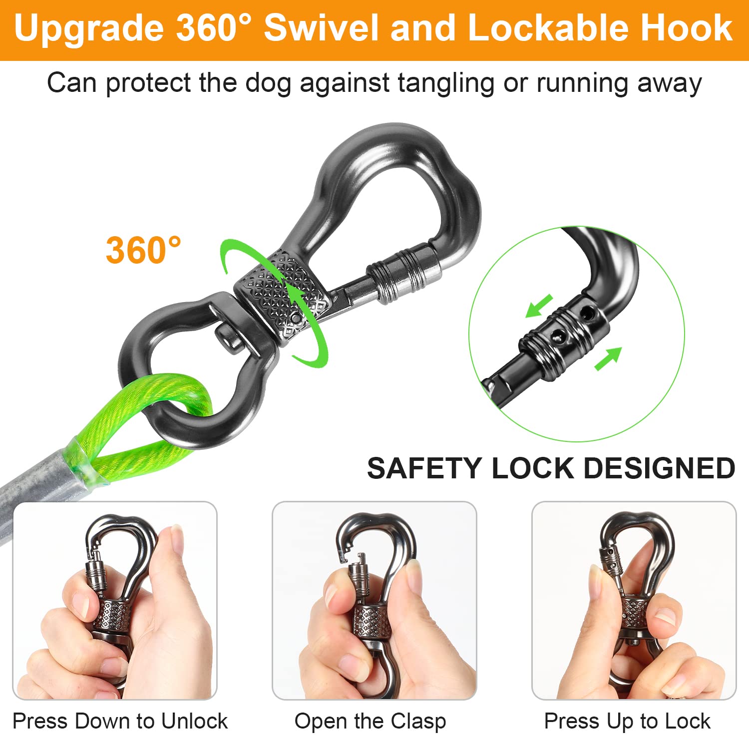 Tresbro 10 Ft Dog Tie Out Cable, Heavy Duty Dog Chains For Outside With Spring Swivel Lockable Hook, Pet Runner Cable Leads For Yard Camping, Dog Line Tether For Small Medium Large Dogs Up To 500 Lbs