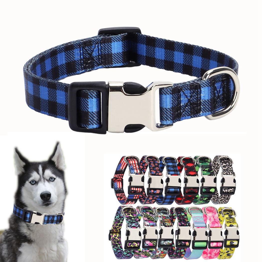 Blue Plaid Dog Collars For Medium Dogs, Pretty Pattern Dog Collar Metal Buckle Durable Soft Boy Puppy Collars For Xsmall Small M