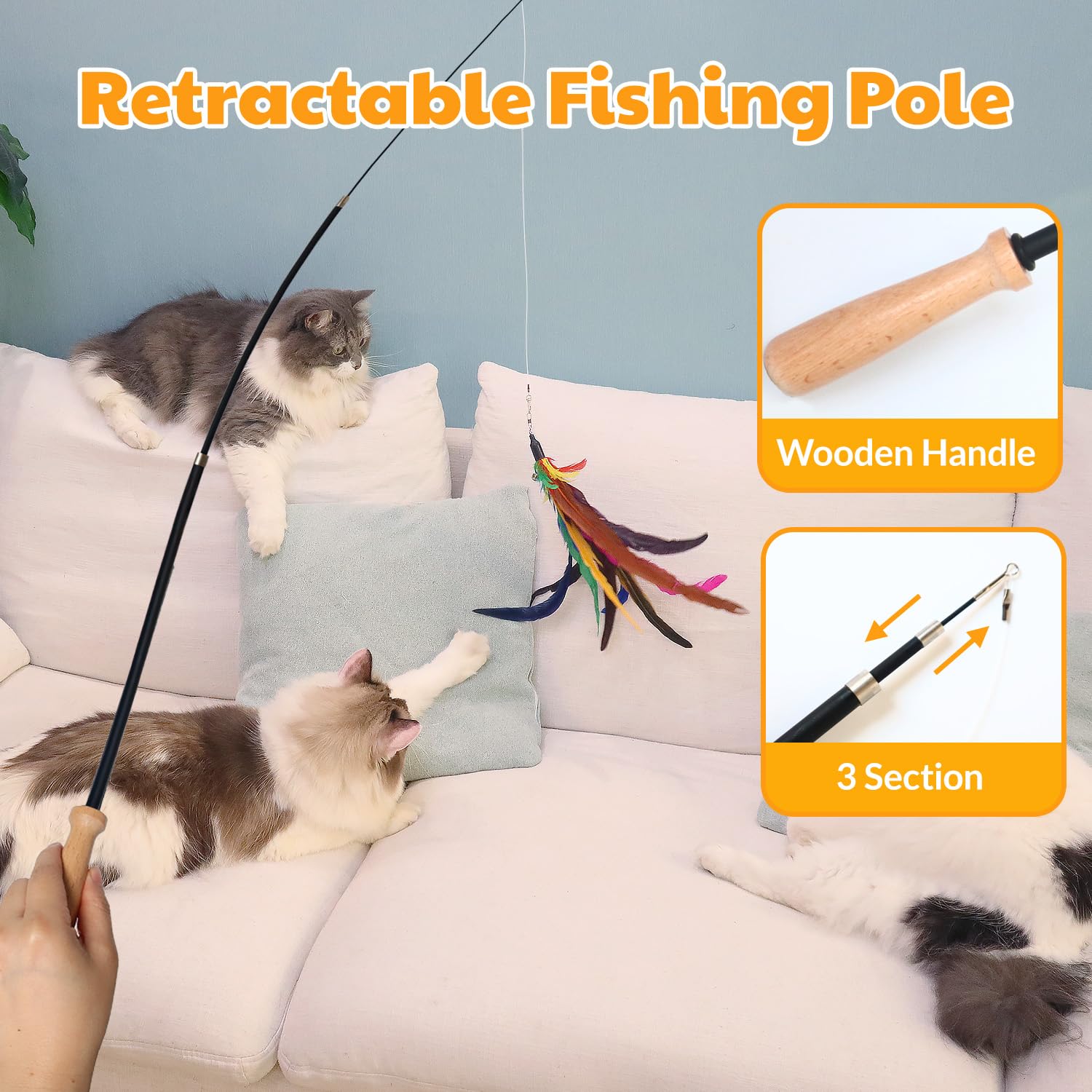 Fokauiwo 4-in-1 Interactive Cat Toys Set with 12 Pcs Replacements for Indoor Cats (Includes 1 Huge Feather)- Cat Fishing Pole To