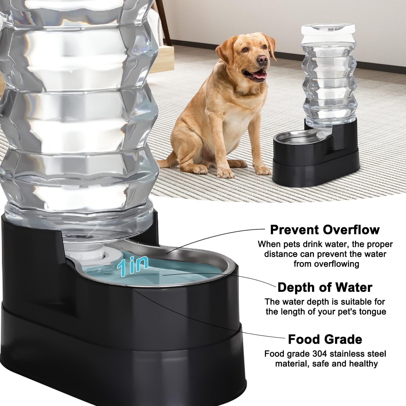 RIZZARI Upgraded Automatic Dog Water Dispenser: 9L Black Gravity Large Stainless Steel Raised Pet Feeder with Filter - Includes