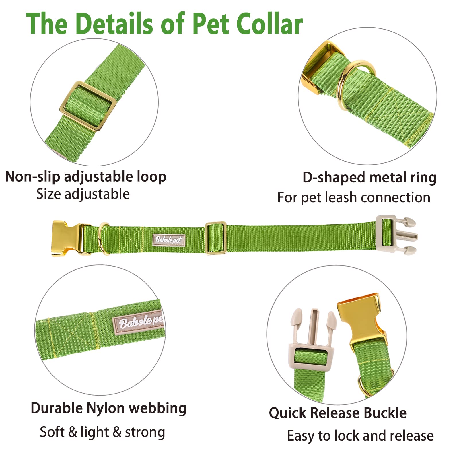Babole Pet Nylon Dog Collar - Adjustable Green Soft Webbing Dog Collars For Small Medium Large Dogs Boy Girl Puppy Collar With S