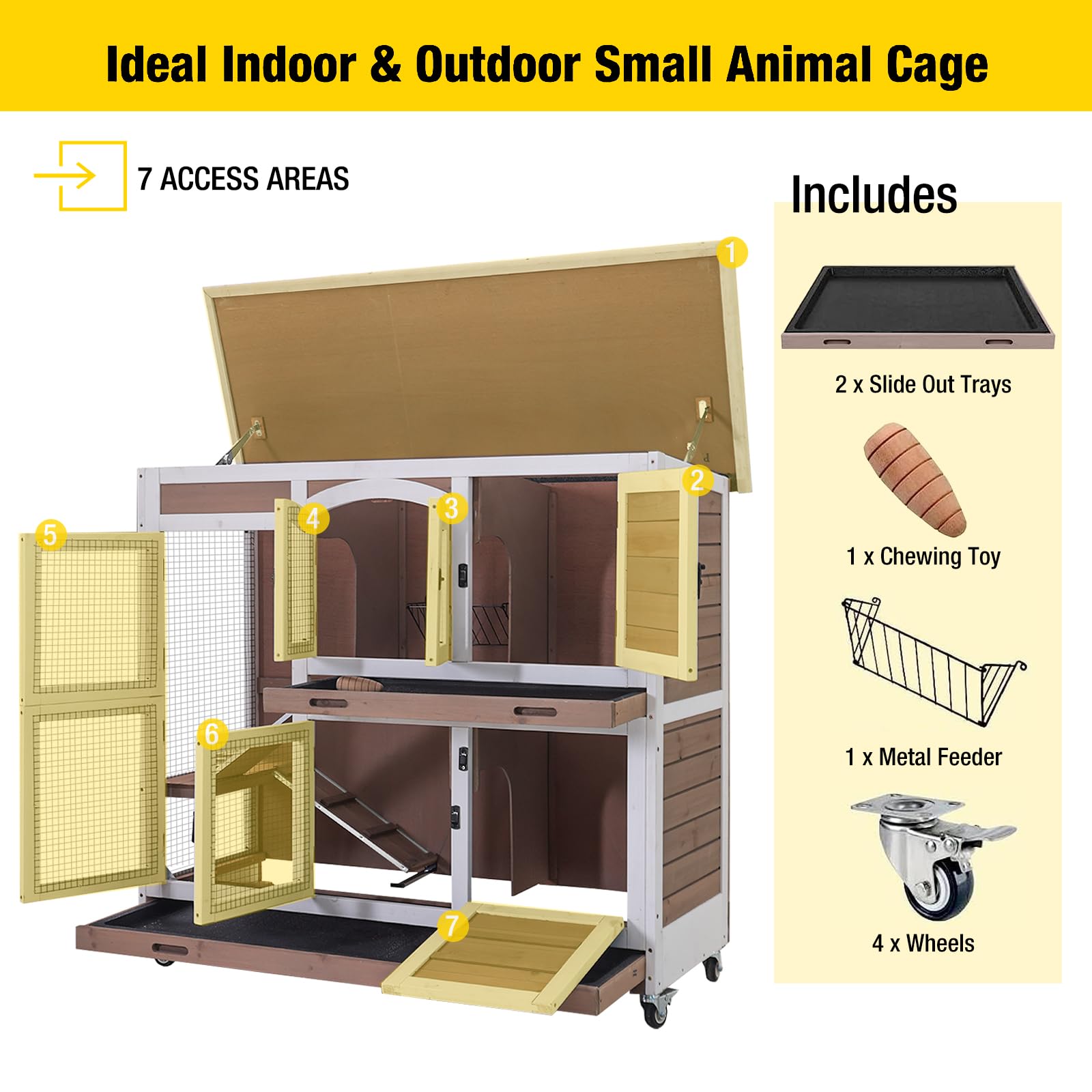 Aivituvin Rabbit Hutch Bunny Cage with Wheels Indoor Outdoor 47'' Two Story Guinea Pig Cage with 2 Deep No Leak Tray
