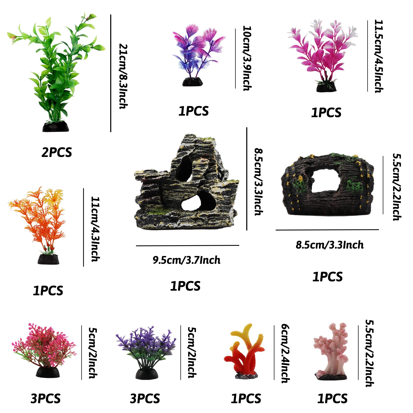 Pietypet Fish Tank Decorations Plants With Resin Broken Barrel And Cave Rock View, 15Pcs Aquarium Decorations Plants Plastic,Fis