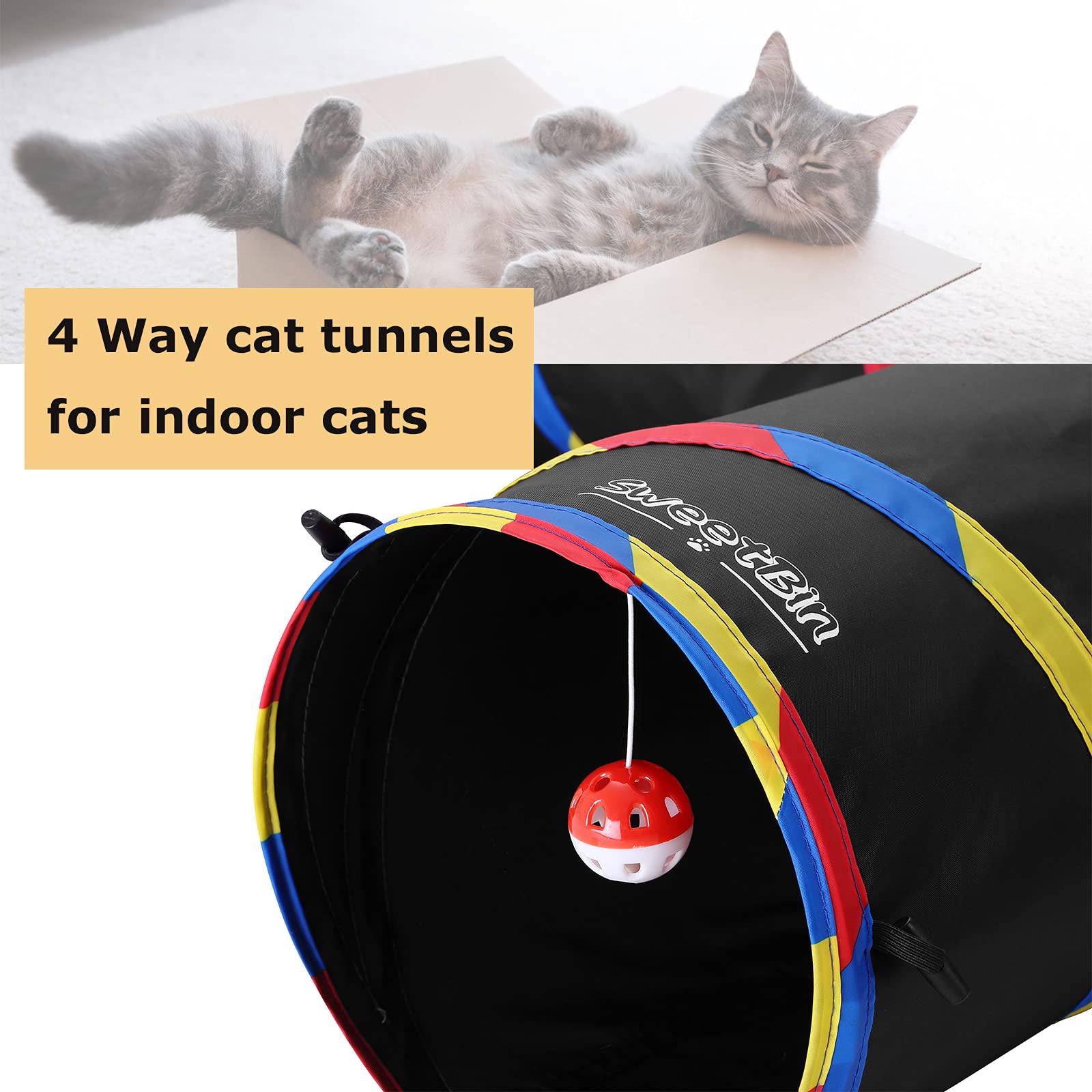 Sweetbin 4 Way Large Cat Tunnels For Indoor Cats - 10' Diameter & 47' Long Cat Play Tunnel Toy - Cat Tube With Play Ball & Mouse Toy - Interactive Peephole (Black)