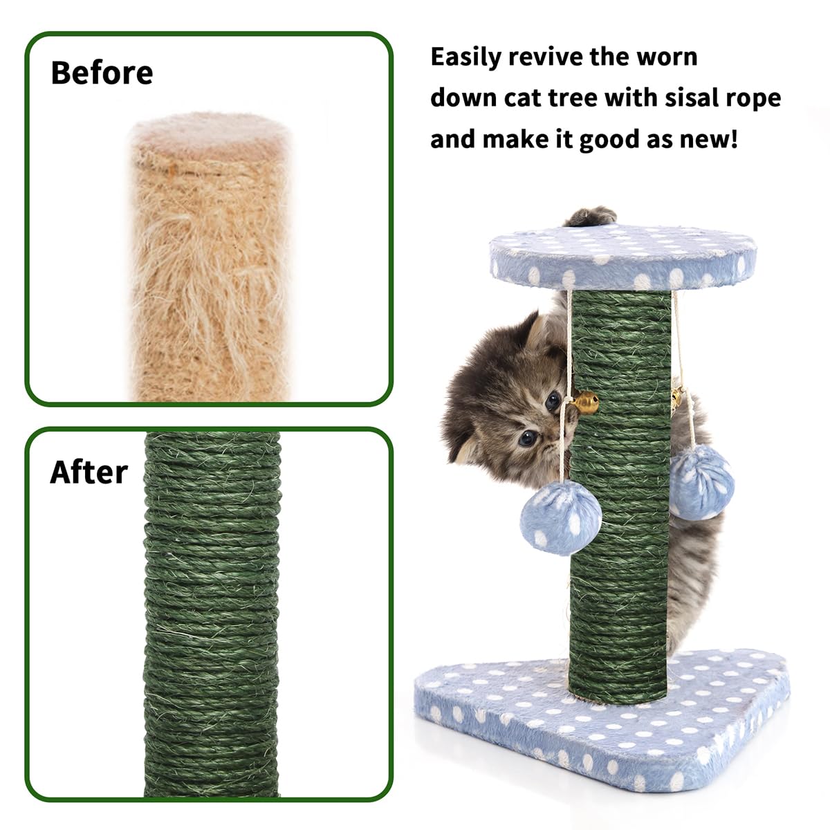 Green Sisal Rope 1/4 Inch By 49-Feet For Cat Scratching Post Tree Tower Replacement Repair And Replace, Diy Hemp Twine Rope For