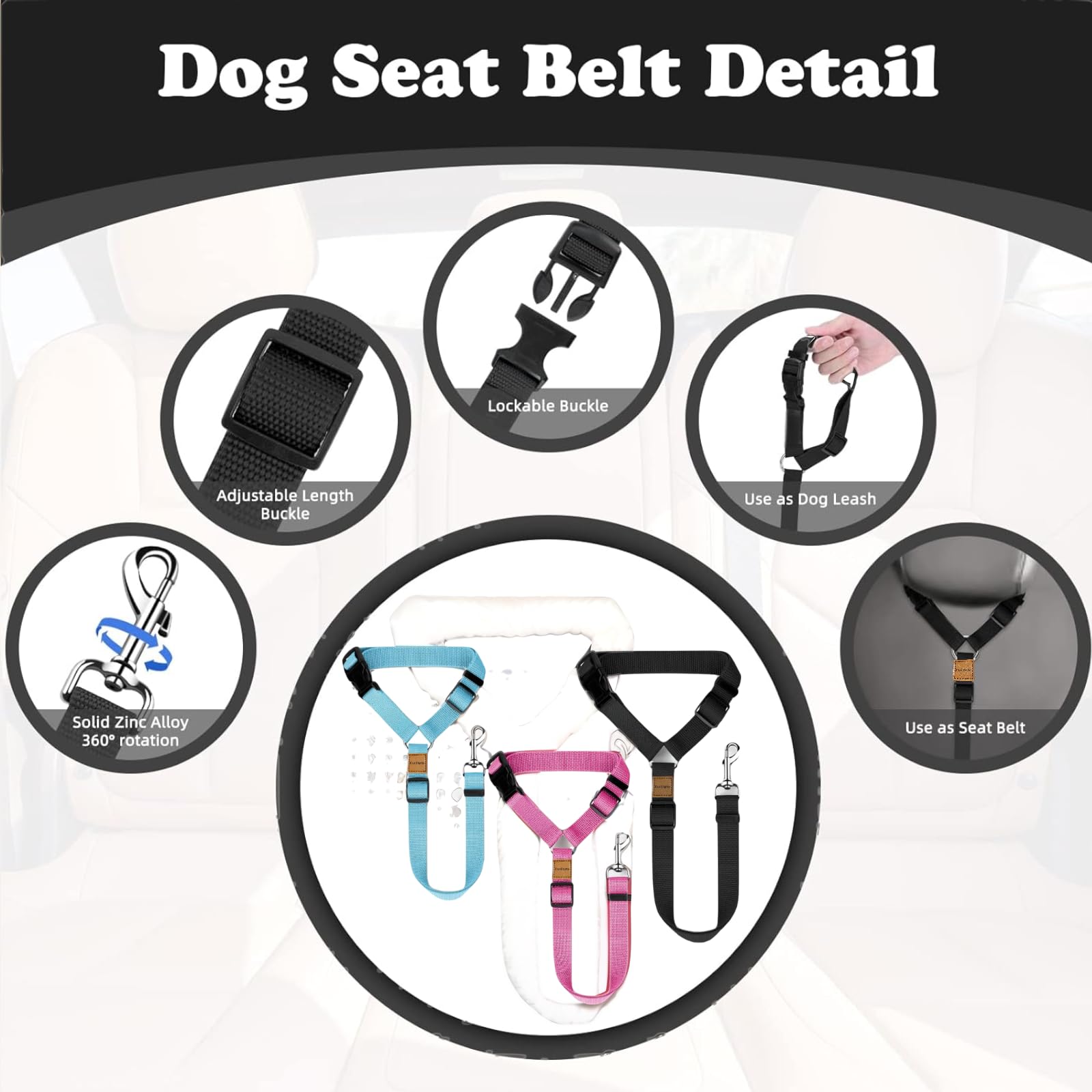 3 Pack Dog Seat Belt For Car, Car Headrest Restraint Adjustable Nylon Fabric, Dog Restraints Vehicle Seatbelts Harness