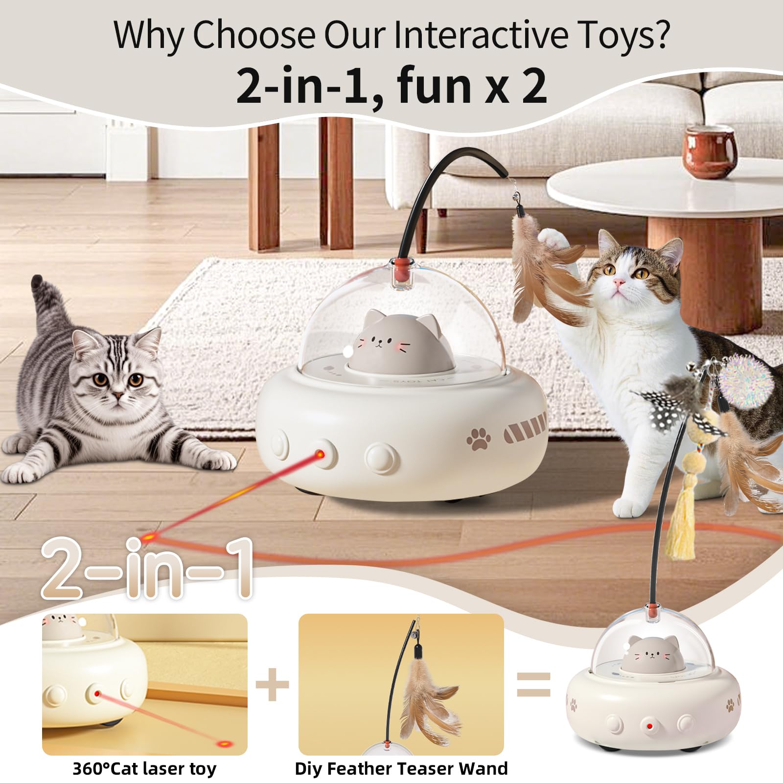 Simxihong Laser Cat Toys For Indoor Cats, 2 In1 Interactive Cat Toys Laser And Feather Cat Wand Rechargeable Automatic Cat Laser