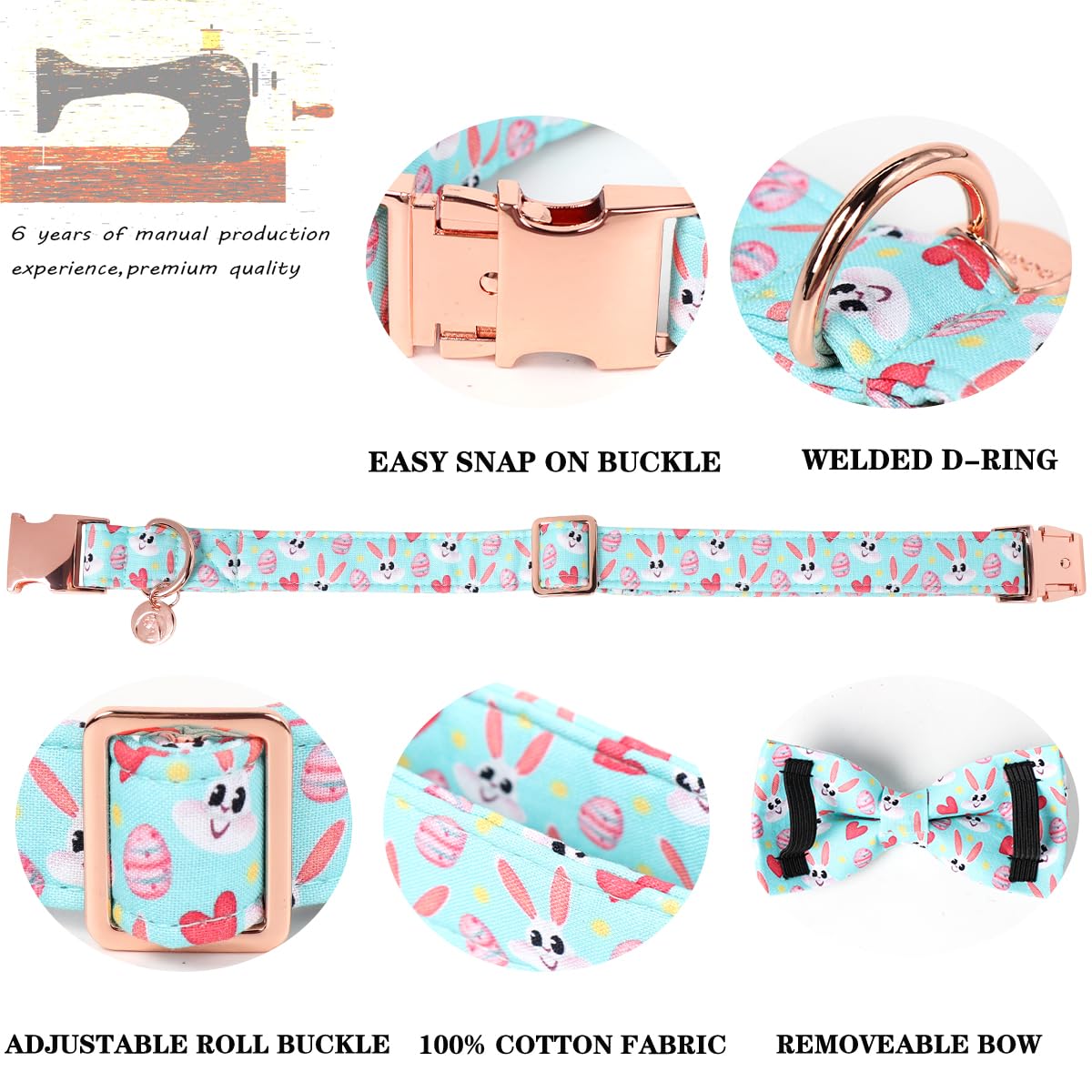 Dogwong Cotton Easter Dog Collar With Bowtie, Soft Adjustable Blue Bunny Easter Day Dog Collar Cute Colorful Egg Puppy Collar Fo