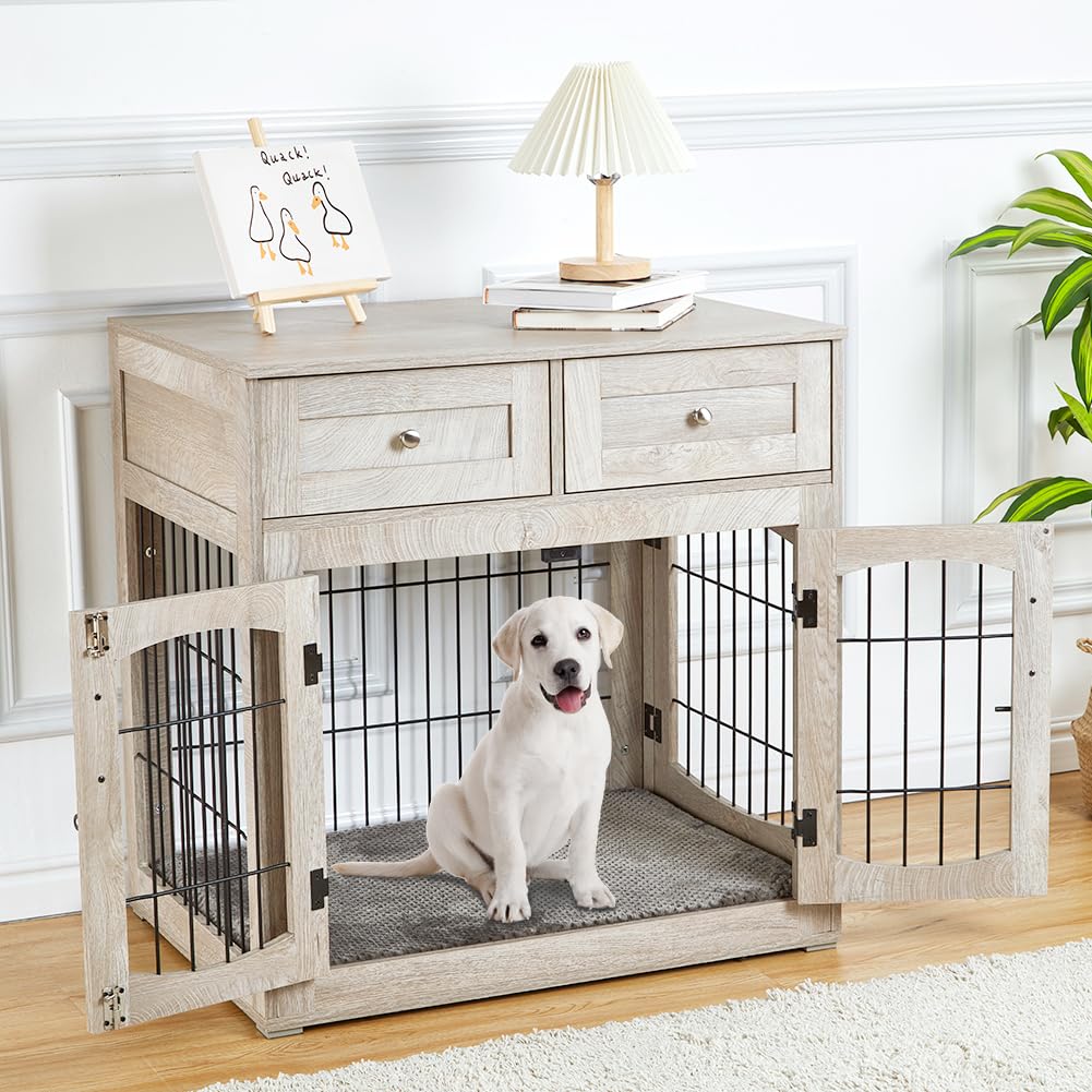Dog Crate Furniture with Drawers, Wooden Dog Kennel Furniture for Large Breed,End Table Wood Dog House for Indoor Use,Dog Crate 