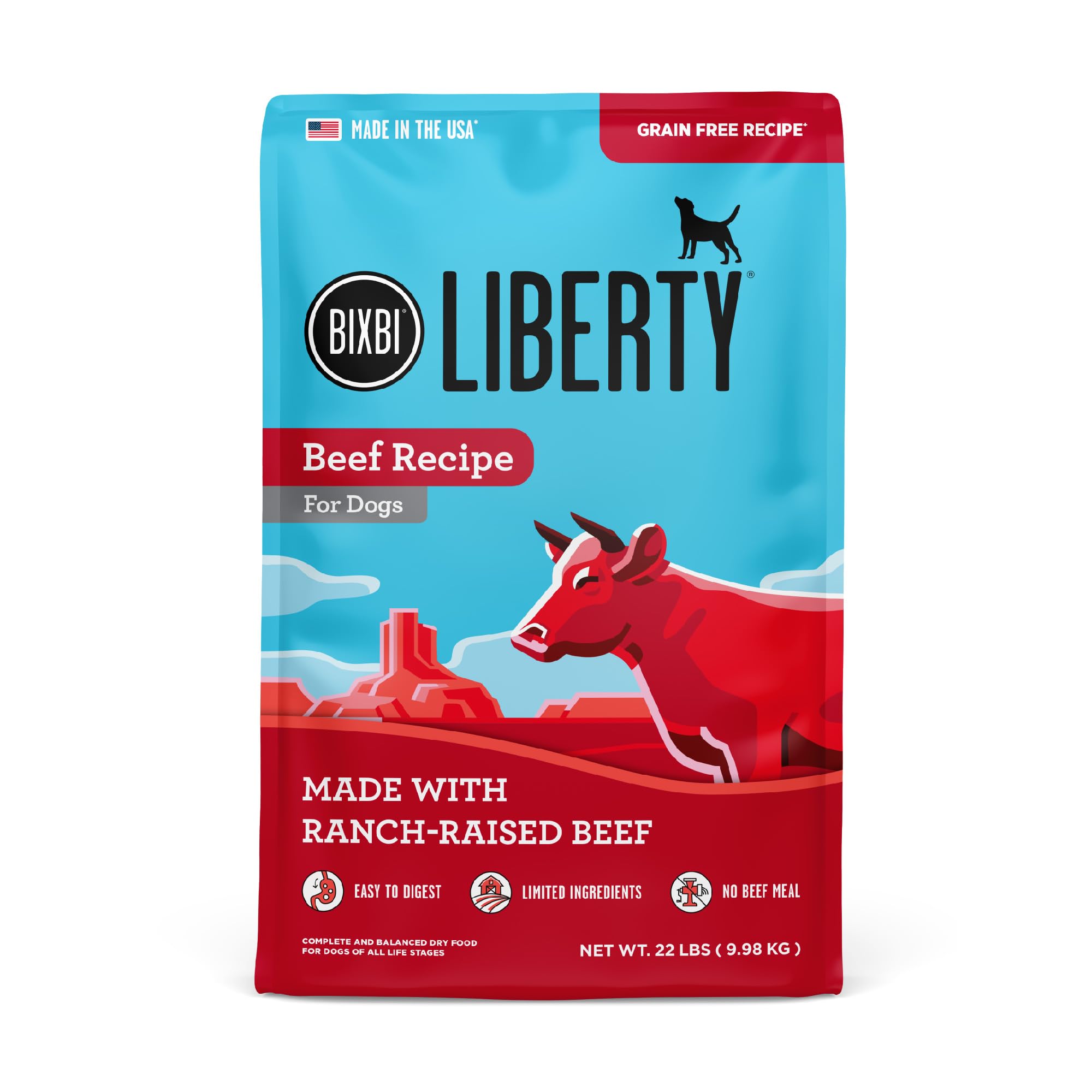 BIXBI Liberty Grain Free Dry Dog Food, Beef, 22 lbs - Fresh Meat, No Meat Meal, No Fillers - Gently Steamed & Cooked - No Soy, C