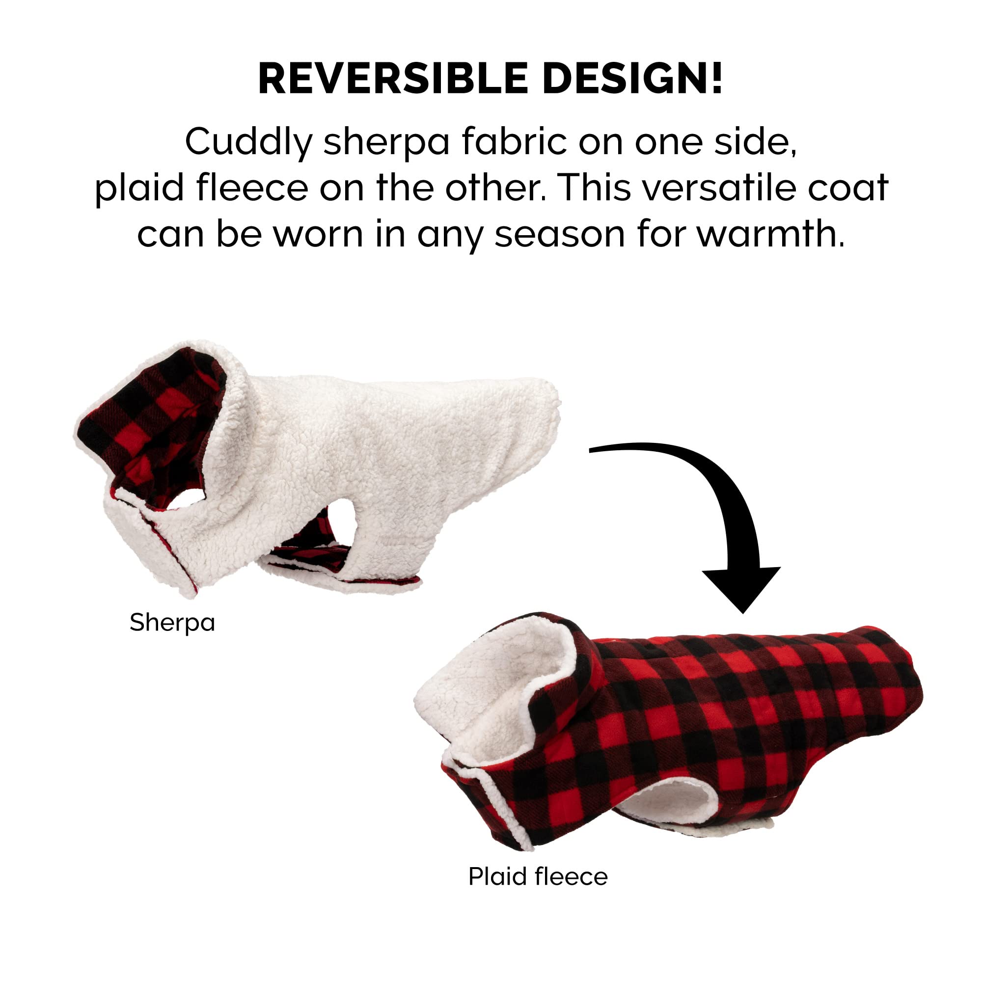 Furhaven Reversible Small Dog Coat, Washable & Insulating W/ Leash Access - Sherpa & Plaid Fleece Flex-Fit Jacket - Cream/Red, S