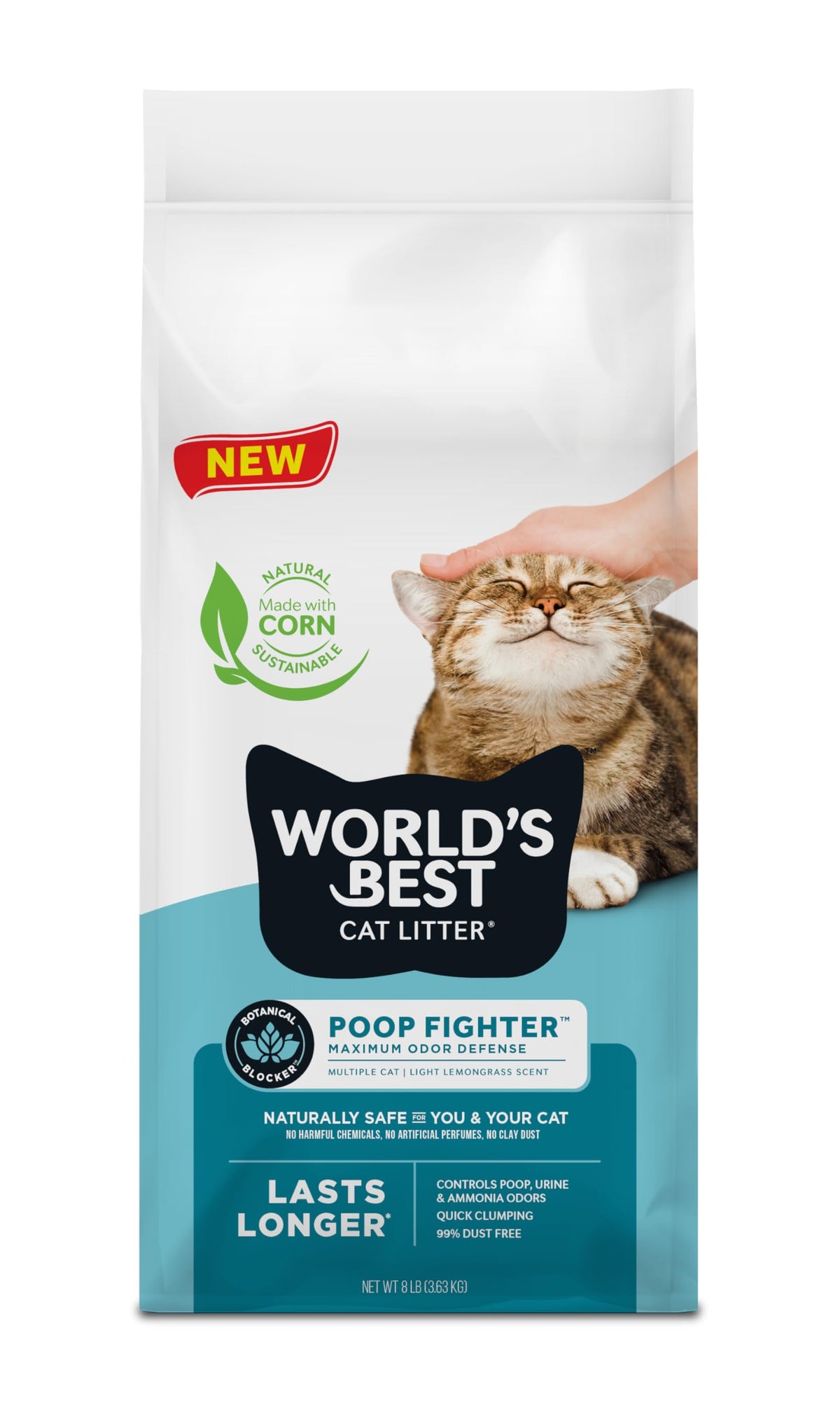 World'S Best Cat Litter Poop Fighter Maximum Odor Defense, 8-Pounds - Natural Ingredients, Quick Clumping, Flushable, 99% Dust Free & Made In Usa - Long-Lasting Odor Control & Easy Scooping