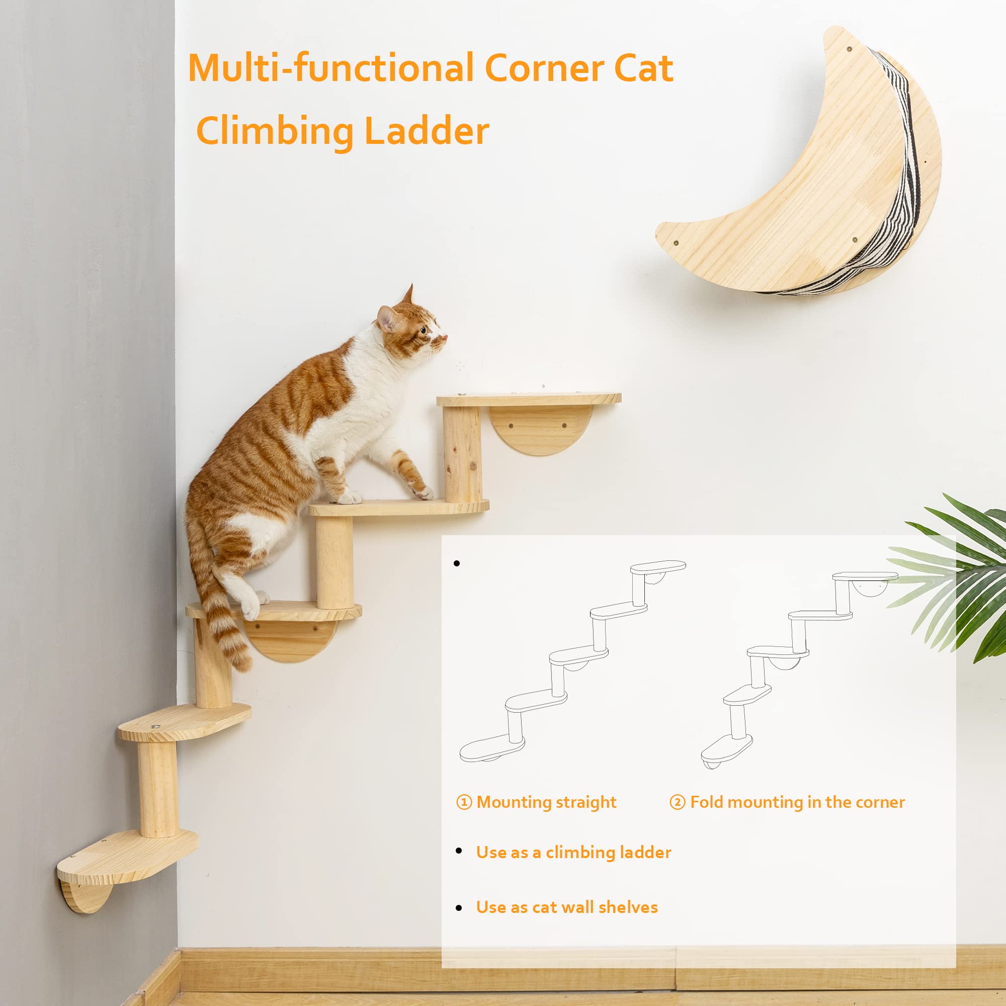 Cat Shelf for Wall Mount Hammock with 5-Levels Climbing Ladder Moon Cat Shelves and Perches for Activity Indoor Cats Wall Furnit