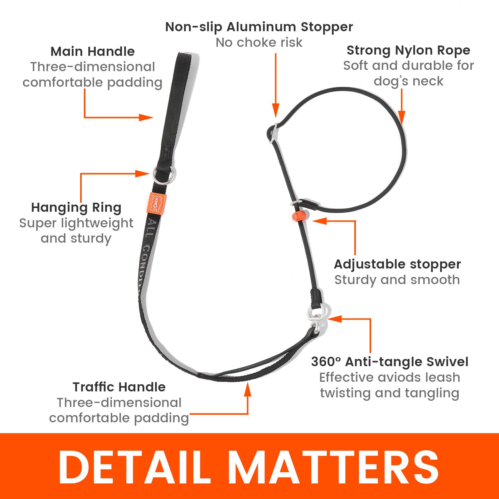 Slip Lead Dog Leash With Double Handles | Reflective Dog Training Lead With 360 Swivel Anti-Tangle | Heavy-Duty Leash And Collar