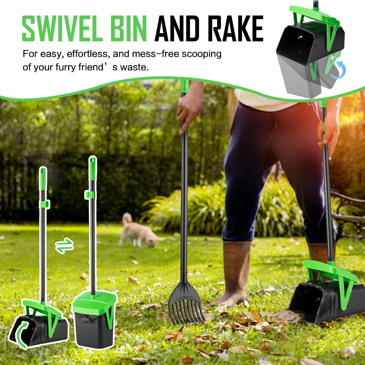FUSBUNTY Pooper Scooper Swivel Bin & Rake with 100 Waste Bags, Dog Pooper Scooper with Bag Attachment for Large Medium Small Dog