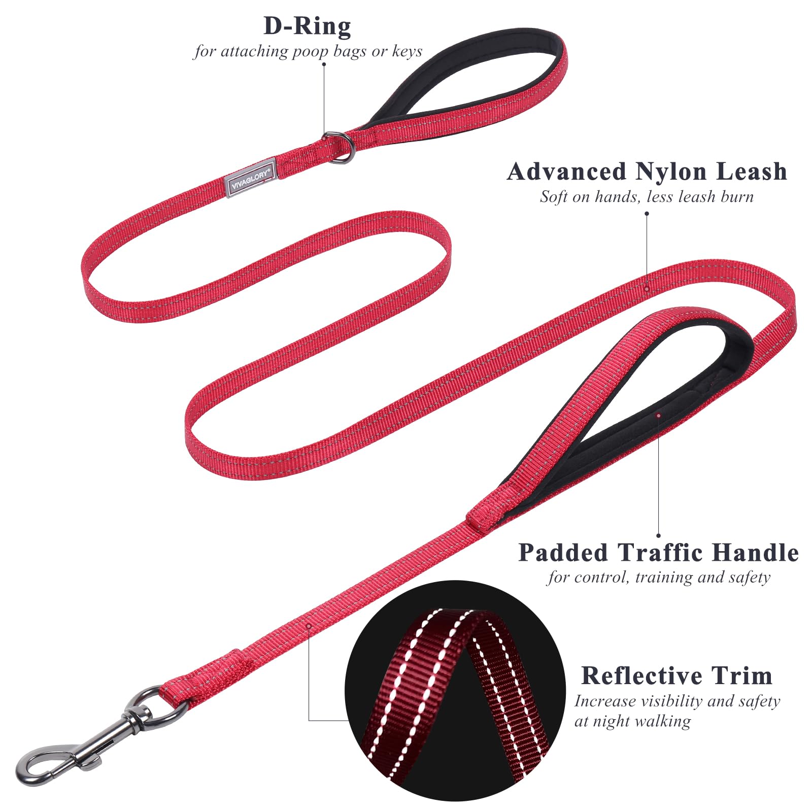 Vivaglory Traffic Handle Dog Leash, Two Padded Soft Handles Dog Leash, Strong Reflective & Metal Hook Training Dog Lead, Red
