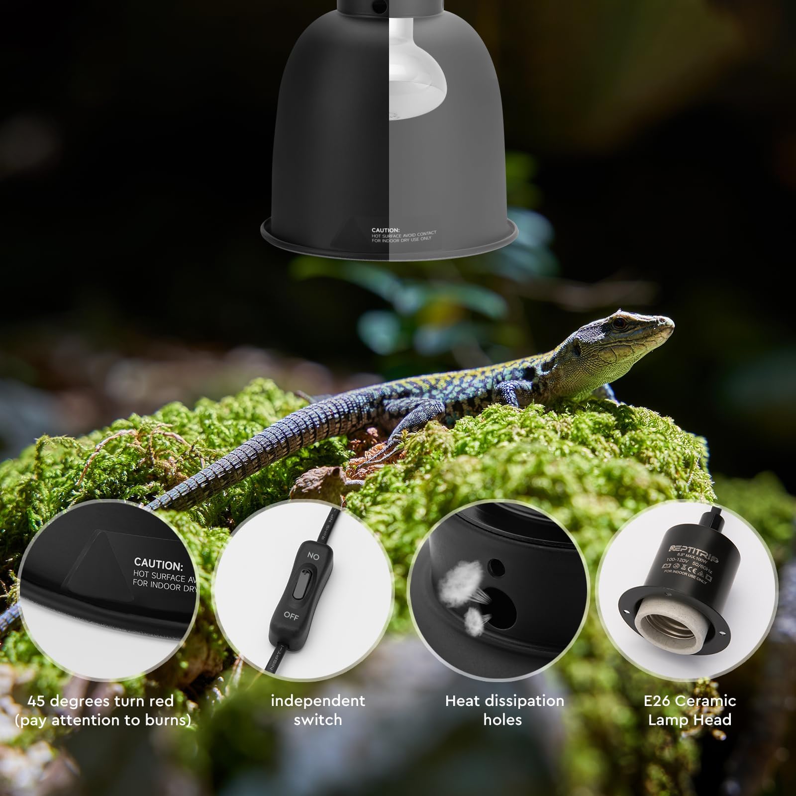 Reptitrip Reptile Light Fixture 5.5'', Reptile Heat Lamp Max 100W, Reptile Tank Lighting Fixtures, Fixture For Uvb Reptile Light