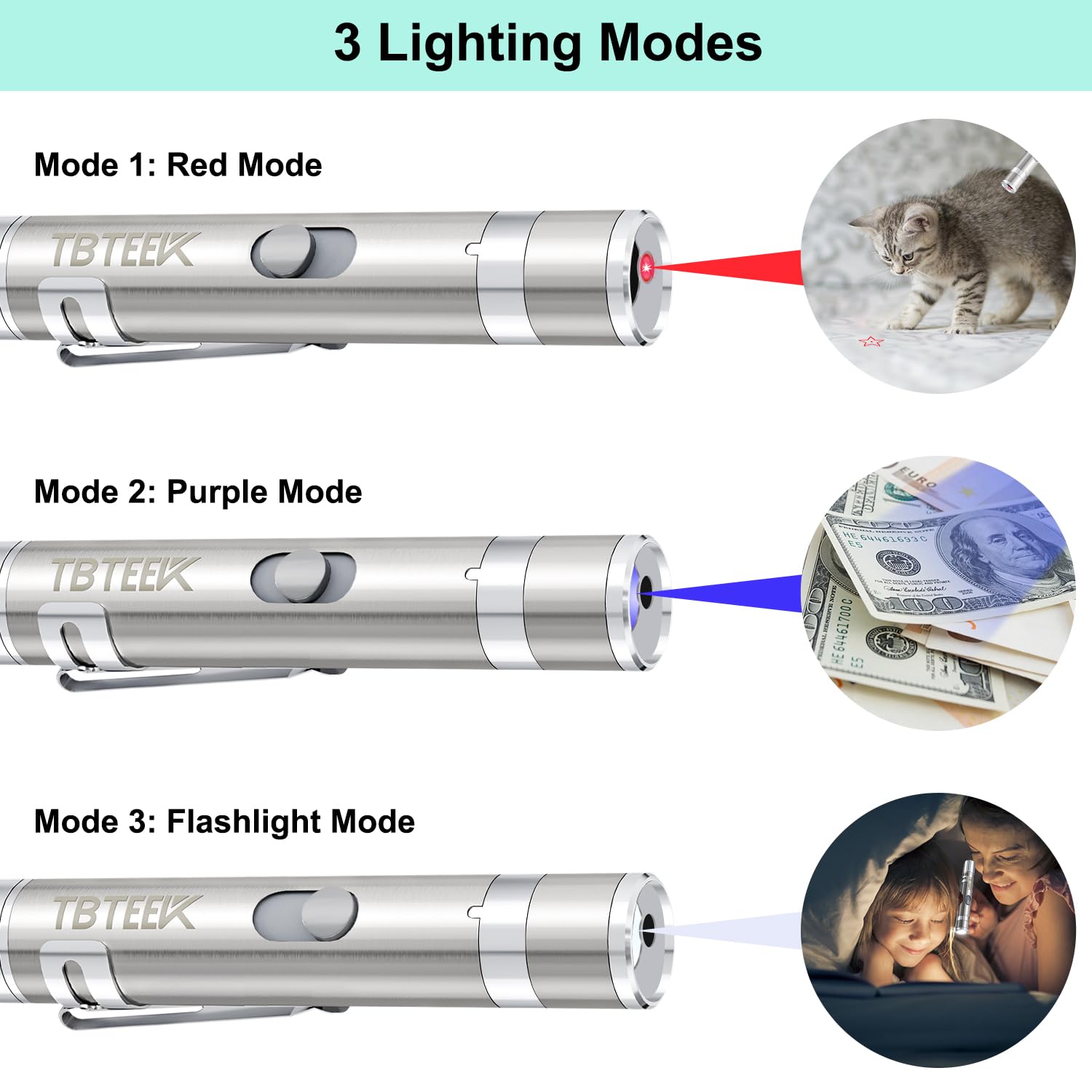 Tbteek Cat Toys, Usb Rechargeable Kitten Toy, 3 Light Modes & 5 Adjustable Patterns, Portable Interactive Pet Dog Cat Mouse Toy