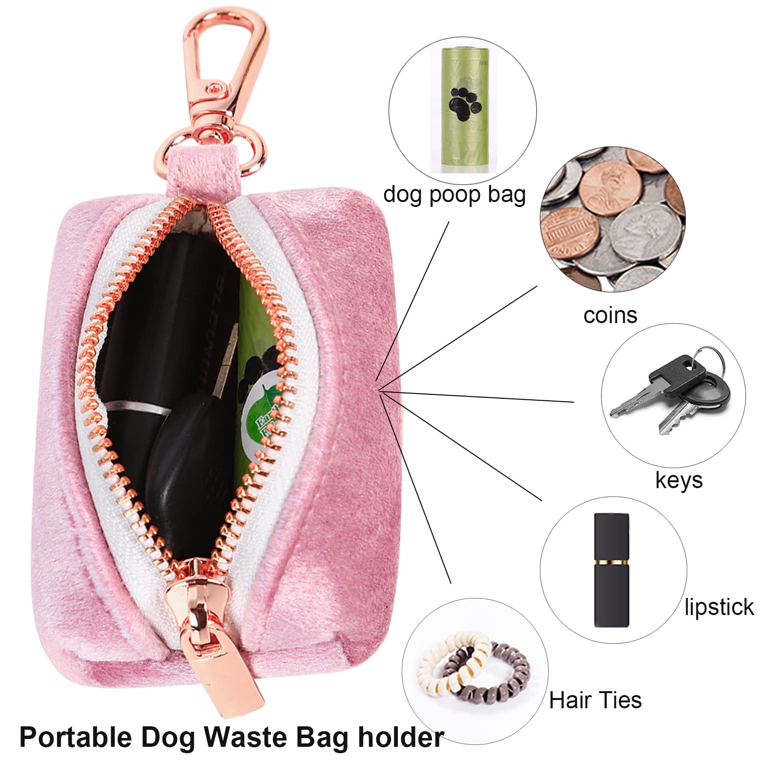 Aring Pet Velvet Dog Waste Bag Dispenser, Pink Doggy Poop Bags Holders Attach To Any Leashes, Portable Washable Pet Waste Pouch Dispenser With Metal Zipper