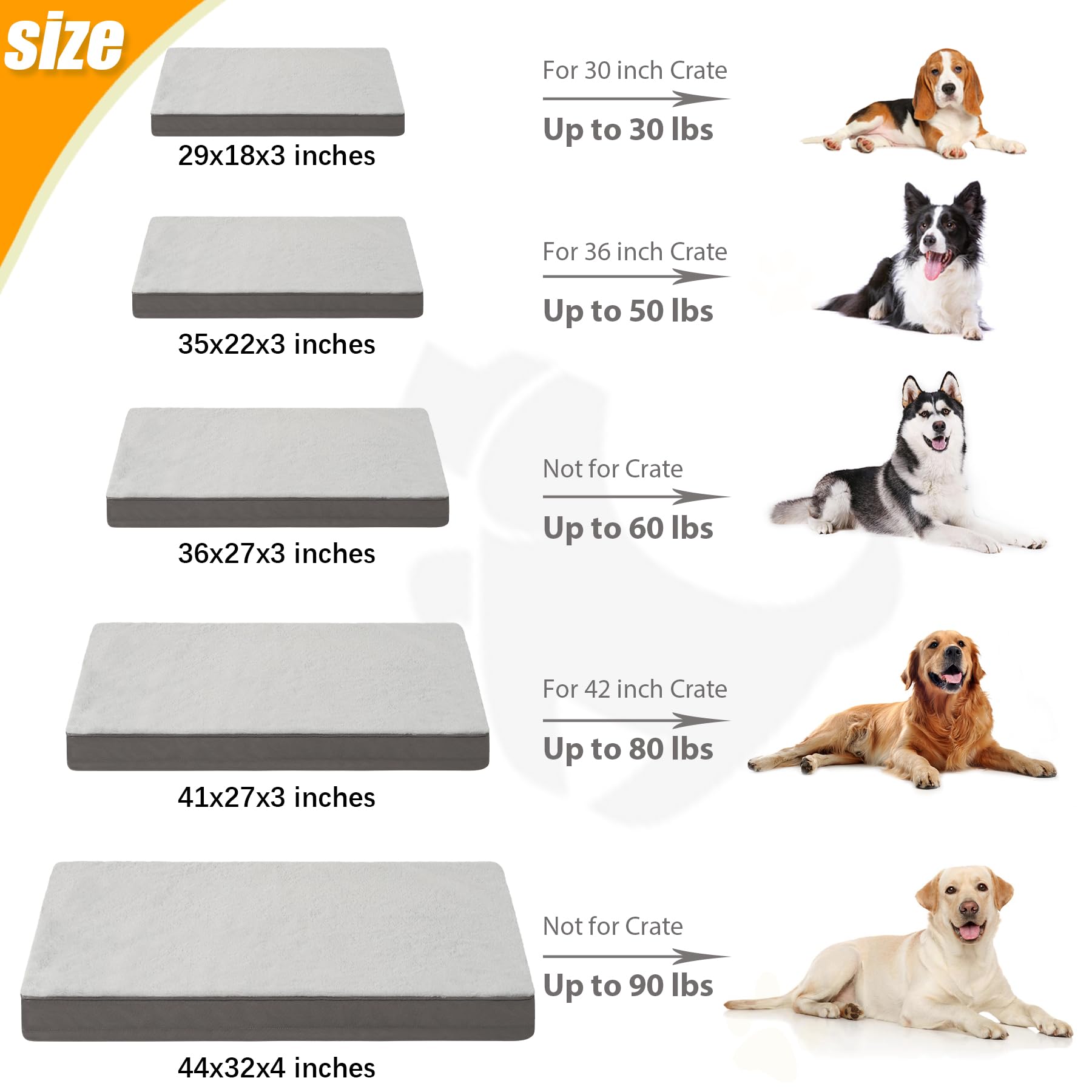 KSIIA Orthopedic Dog Bed, Waterproof Plush with Egg Crate Foam, Large 36x27 Inch, Gray, Model GD027, Washable, Nonskid Bottom