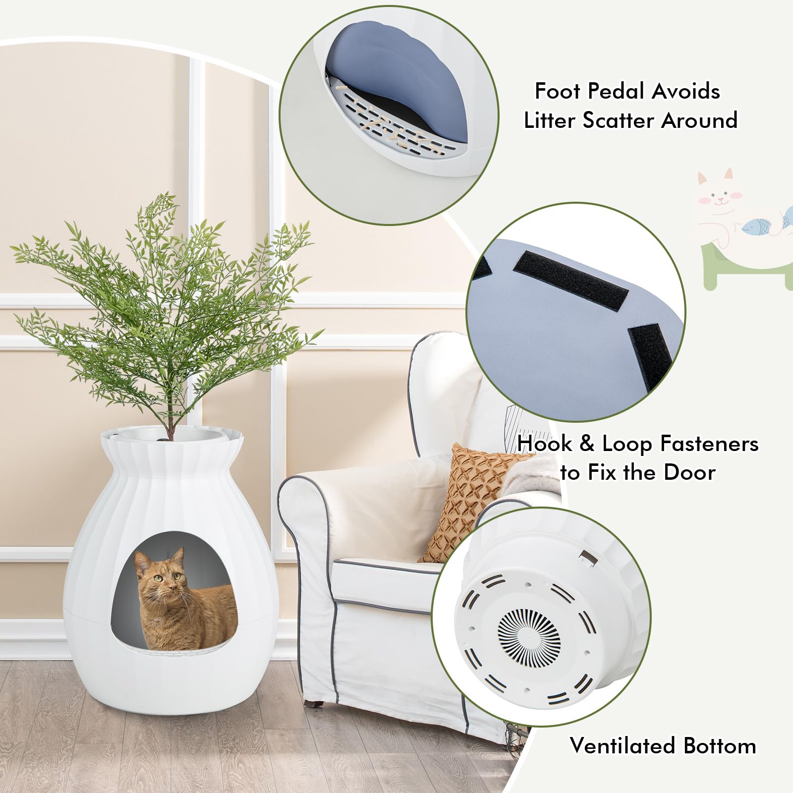 Petsite White Plant Litter Box, Cat Hidden Litter Box Enclosure With Artificial Plant, Advanced Odor Removal System, Detachable