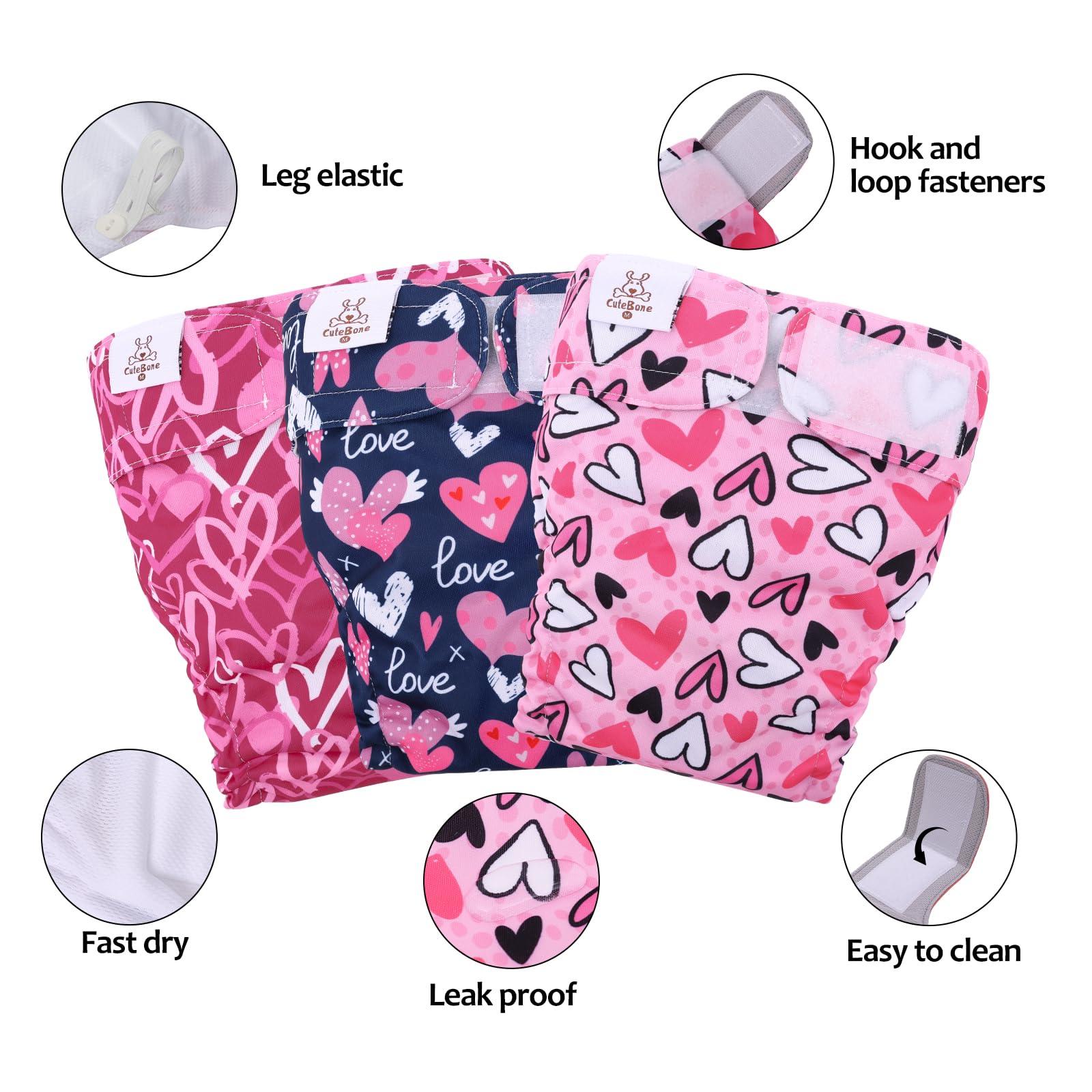 Cutebone Washable Dog Diapers Female No Tail Hole 3 Pack Reusable Doggie Period Training Pants Valentines For Docked-Tail French