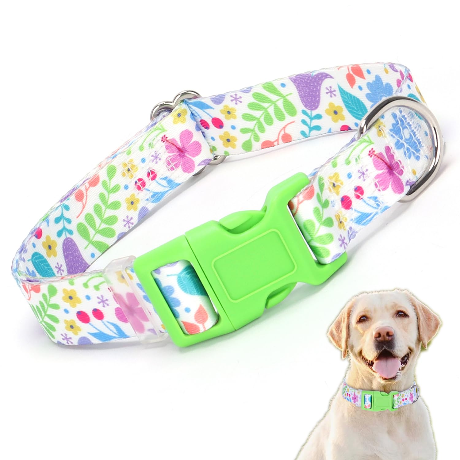 Female Dog Collar for Large Dogs, Cute Pretty Floral Pattern Design Quick Release Buckle Soft Nylon Girl Dog Collars Adjustable 