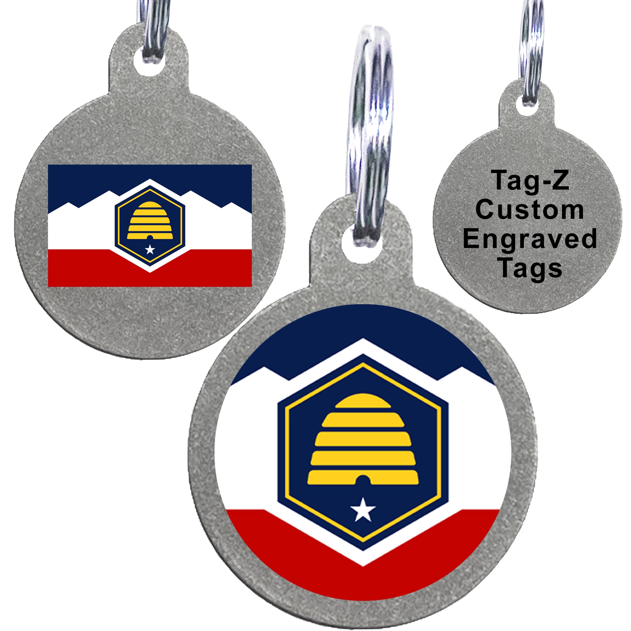 Utah Flag Pet Id Tags, Custom Printed And Laser Engraved Circle